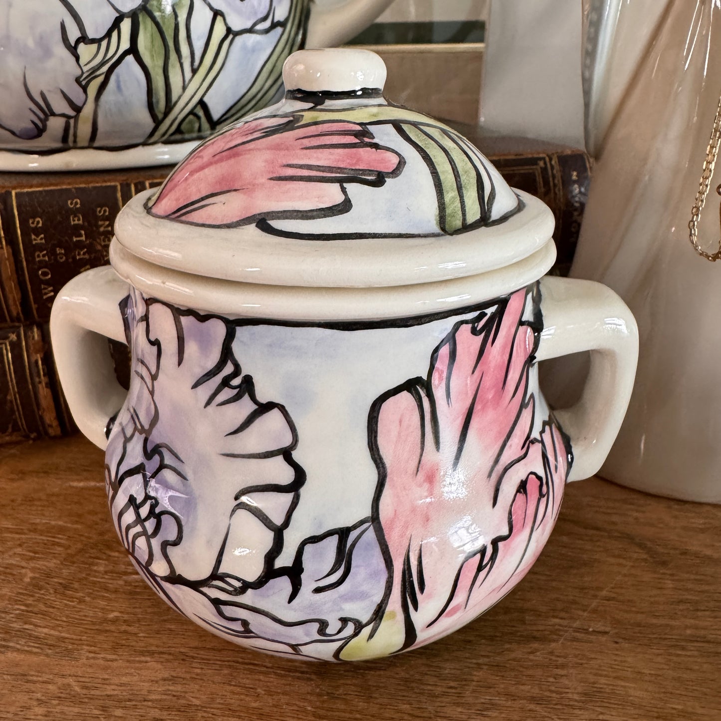 Handpainted Contemporary Bearded Iris Floral Teapot and Covered Sugar Artist Signed