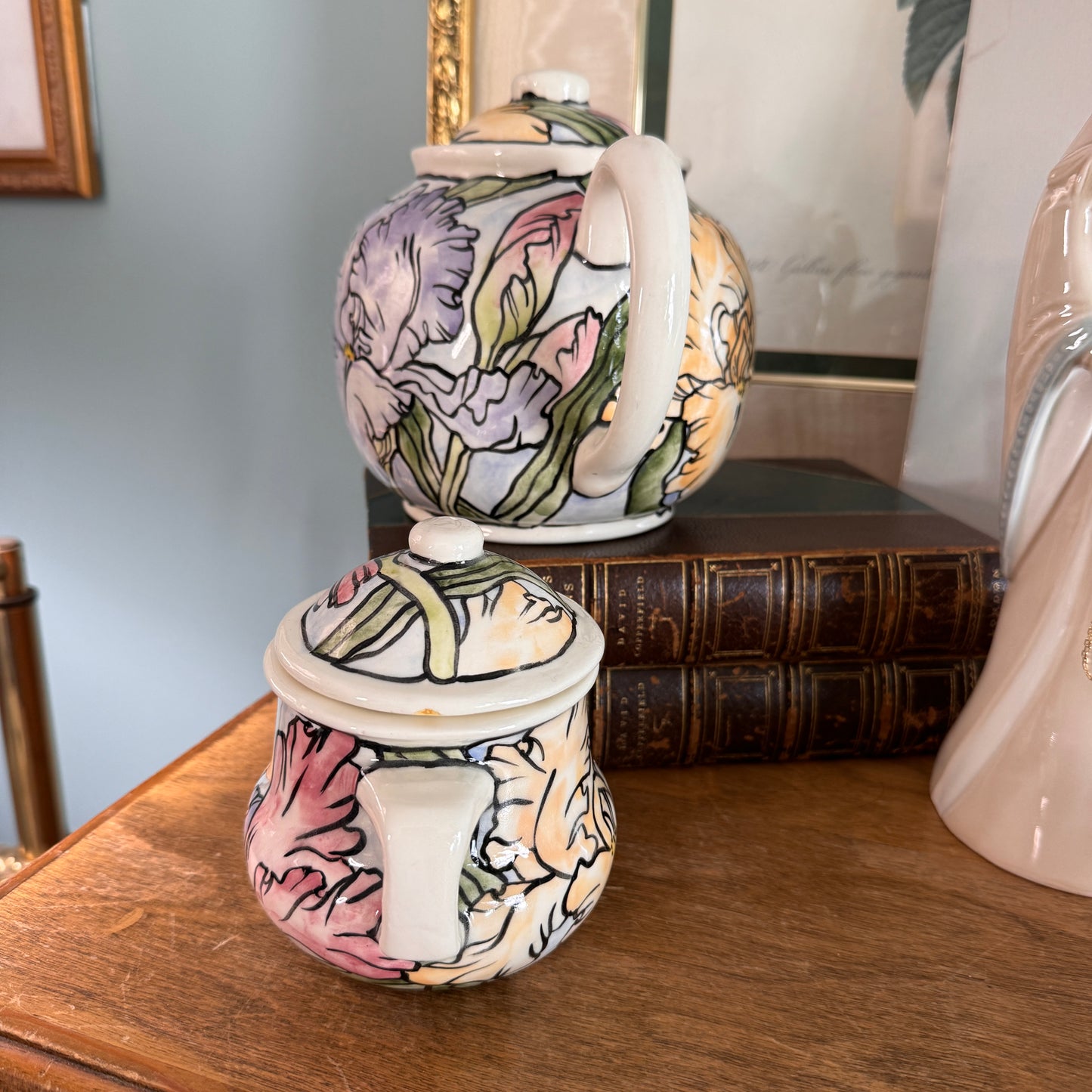 Handpainted Contemporary Bearded Iris Floral Teapot and Covered Sugar Artist Signed