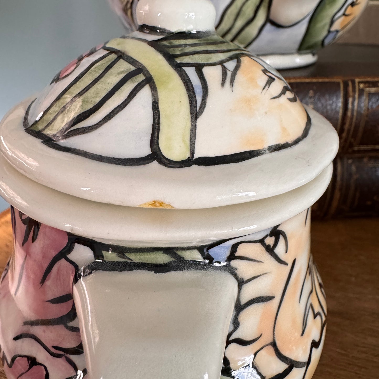 Handpainted Contemporary Bearded Iris Floral Teapot and Covered Sugar Artist Signed