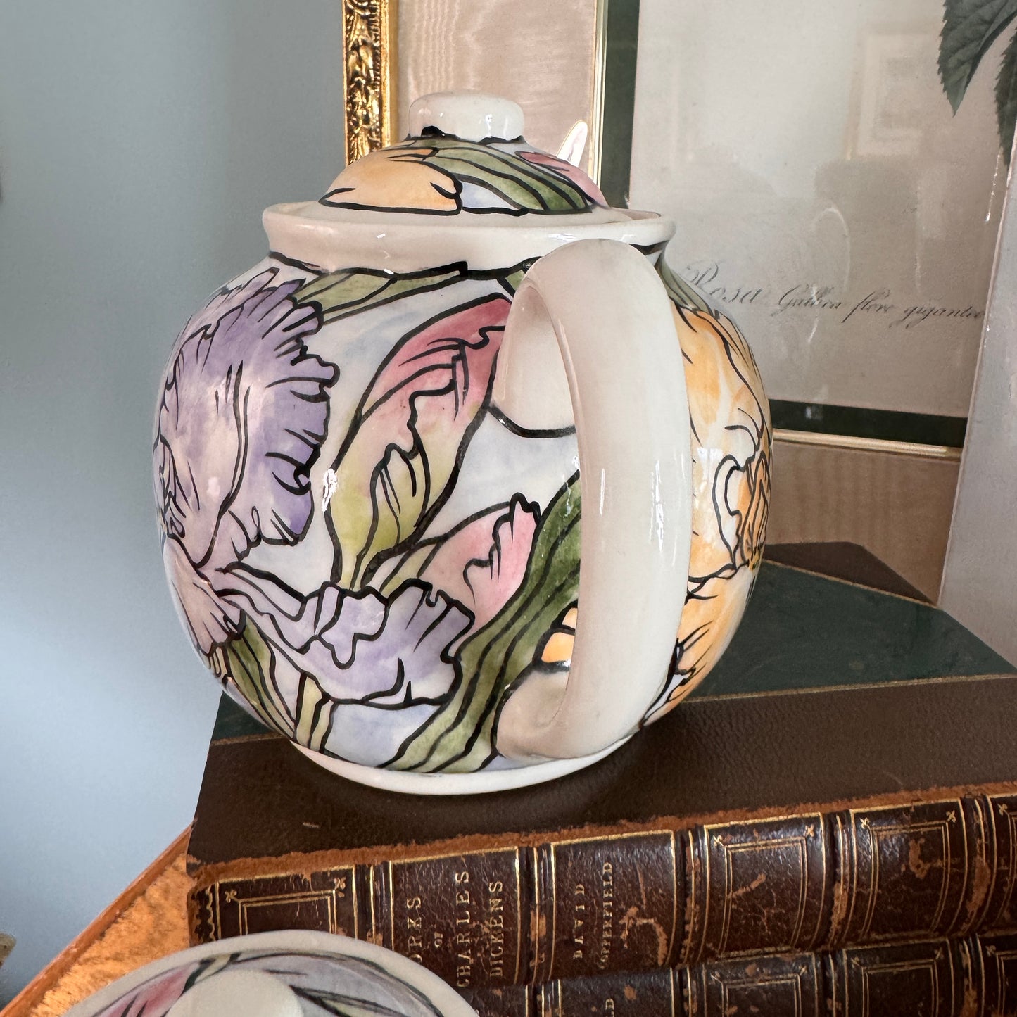Handpainted Contemporary Bearded Iris Floral Teapot and Covered Sugar Artist Signed