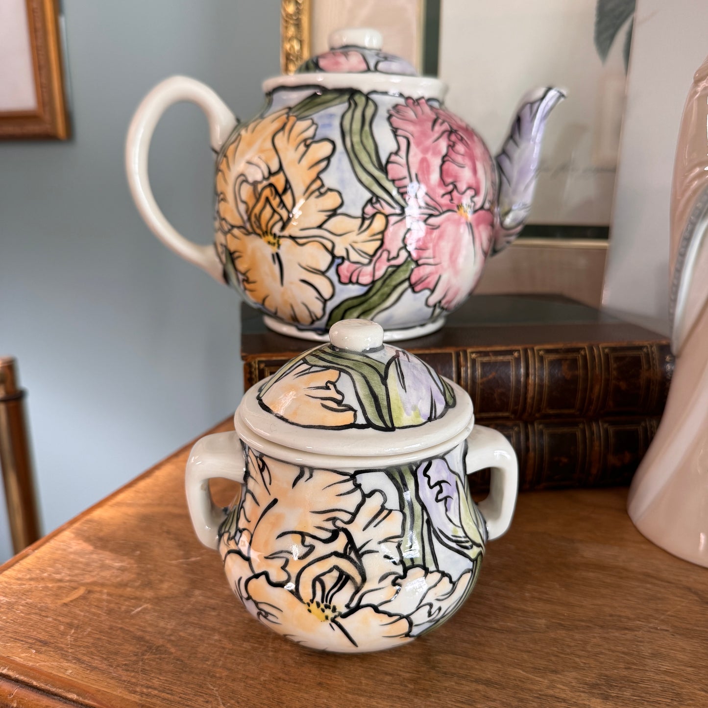 Handpainted Contemporary Bearded Iris Floral Teapot and Covered Sugar Artist Signed