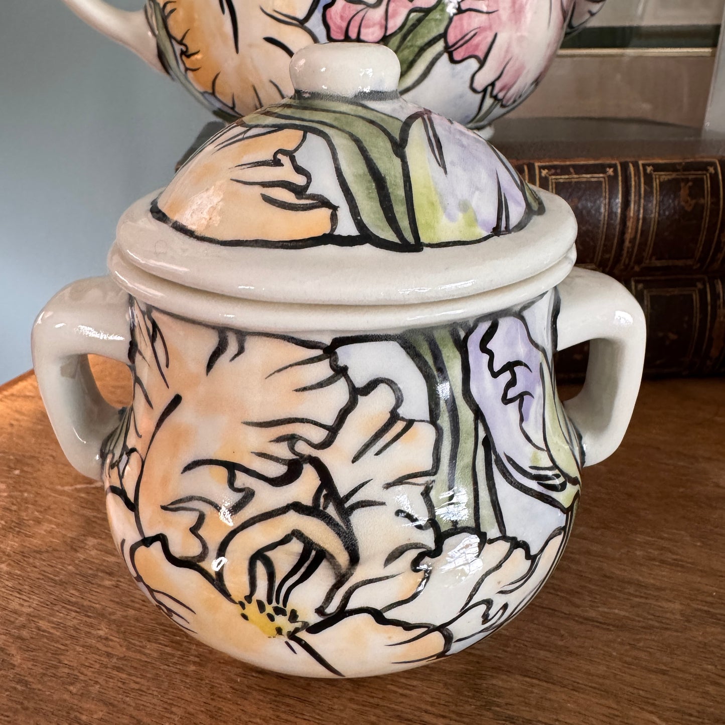 Handpainted Contemporary Bearded Iris Floral Teapot and Covered Sugar Artist Signed