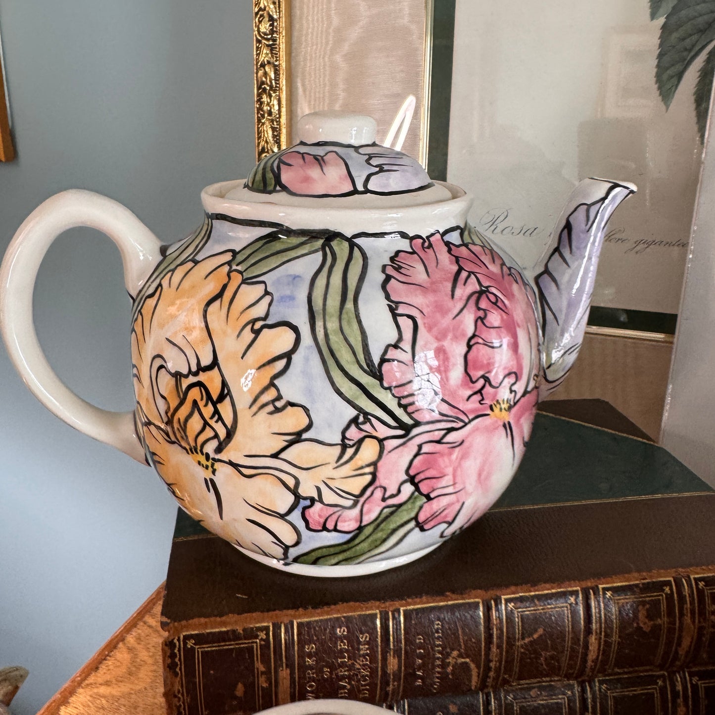 Handpainted Contemporary Bearded Iris Floral Teapot and Covered Sugar Artist Signed