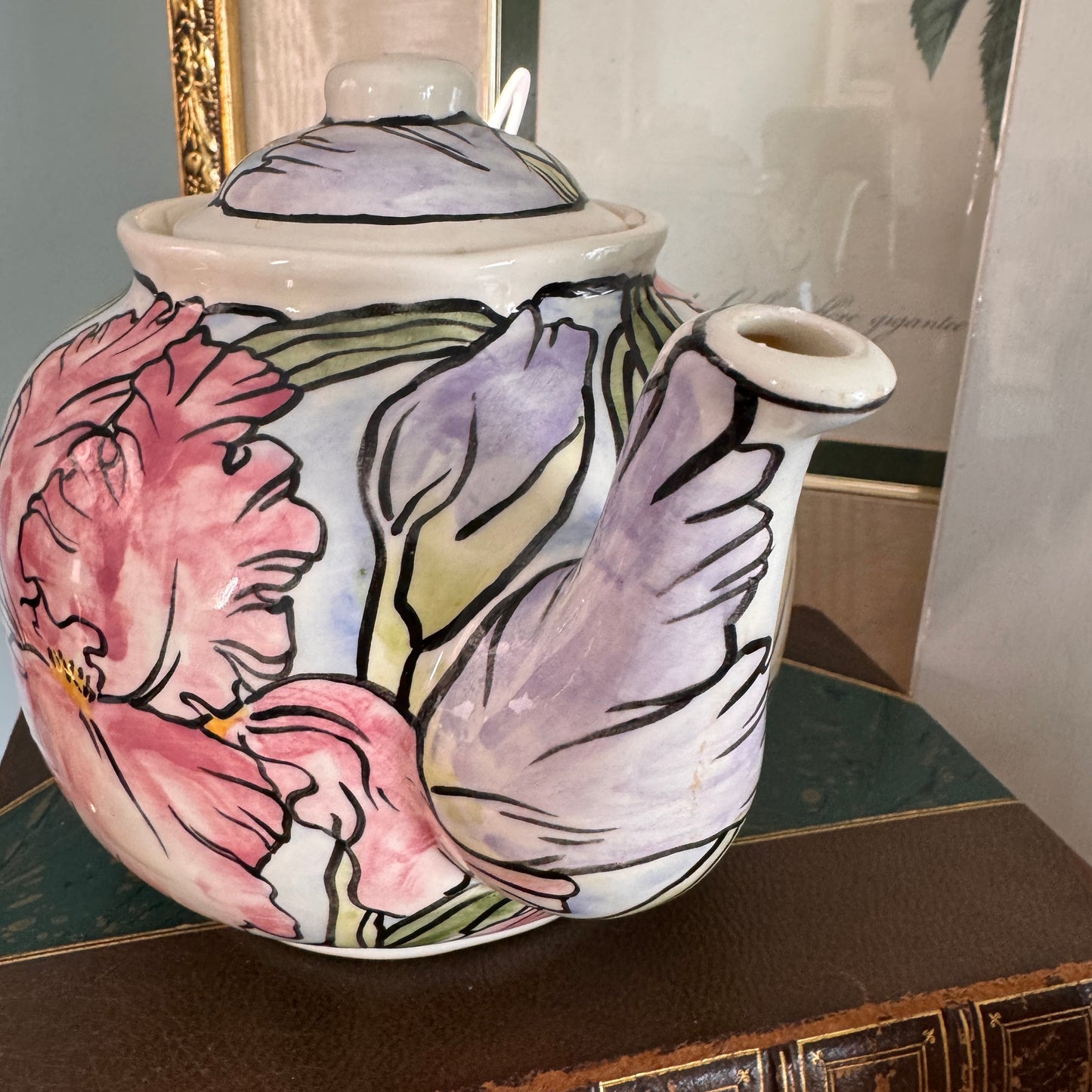 Handpainted Contemporary Bearded Iris Floral Teapot and Covered Sugar Artist Signed