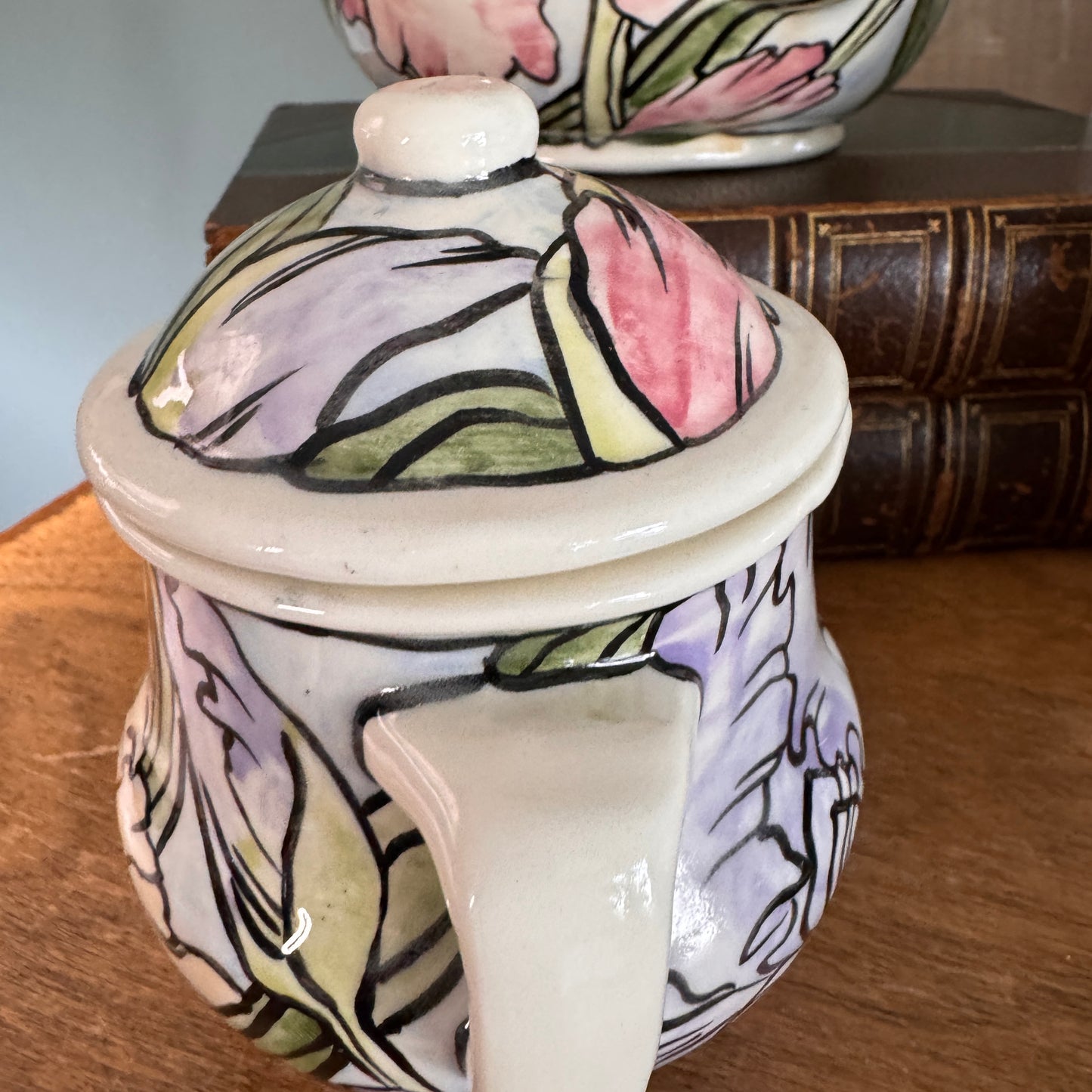 Handpainted Contemporary Bearded Iris Floral Teapot and Covered Sugar Artist Signed