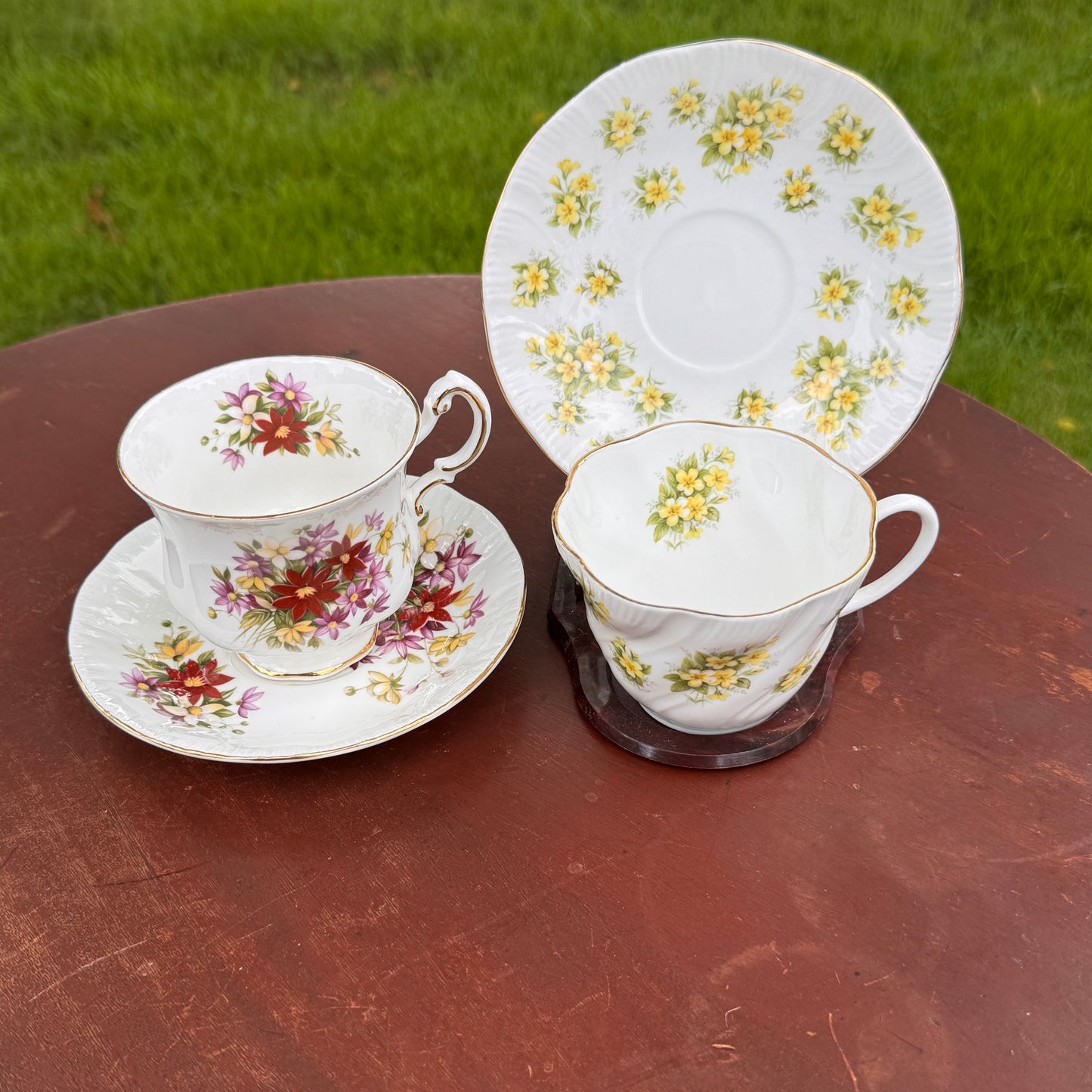 Two English Tea Cups & Saucers Queen's Primrose Countryside Series & Paragon Flower Festival