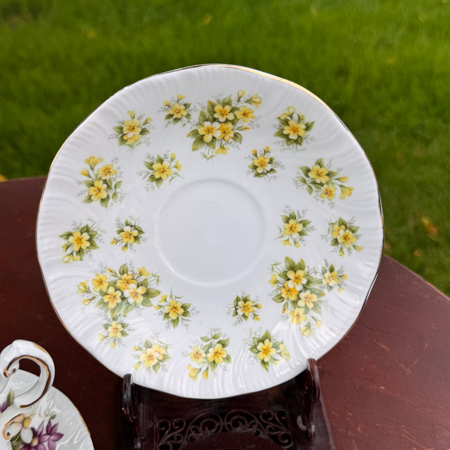 Two English Tea Cups & Saucers Queen's Primrose Countryside Series & Paragon Flower Festival