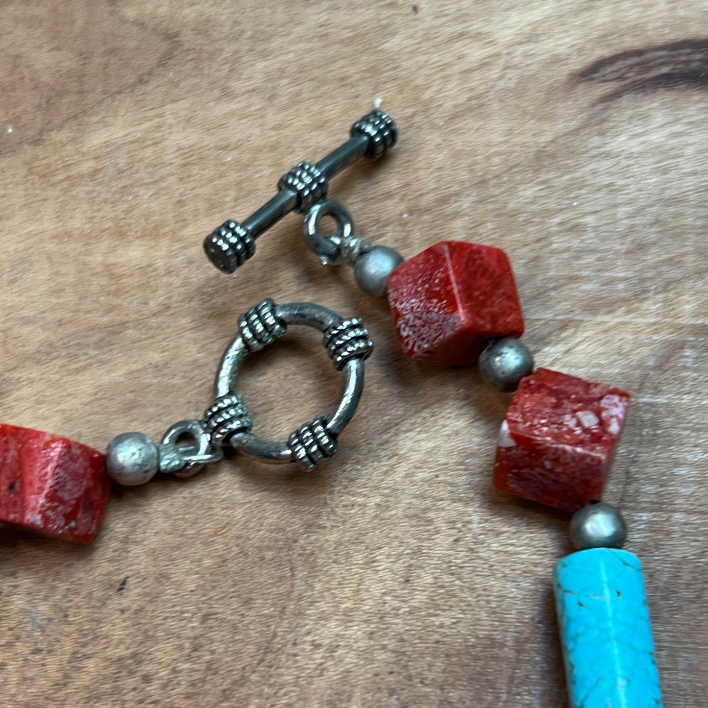 Vintage Turquoise Semi Precious Gemstone Cross & Red Coral Silver Bead Bracelet
