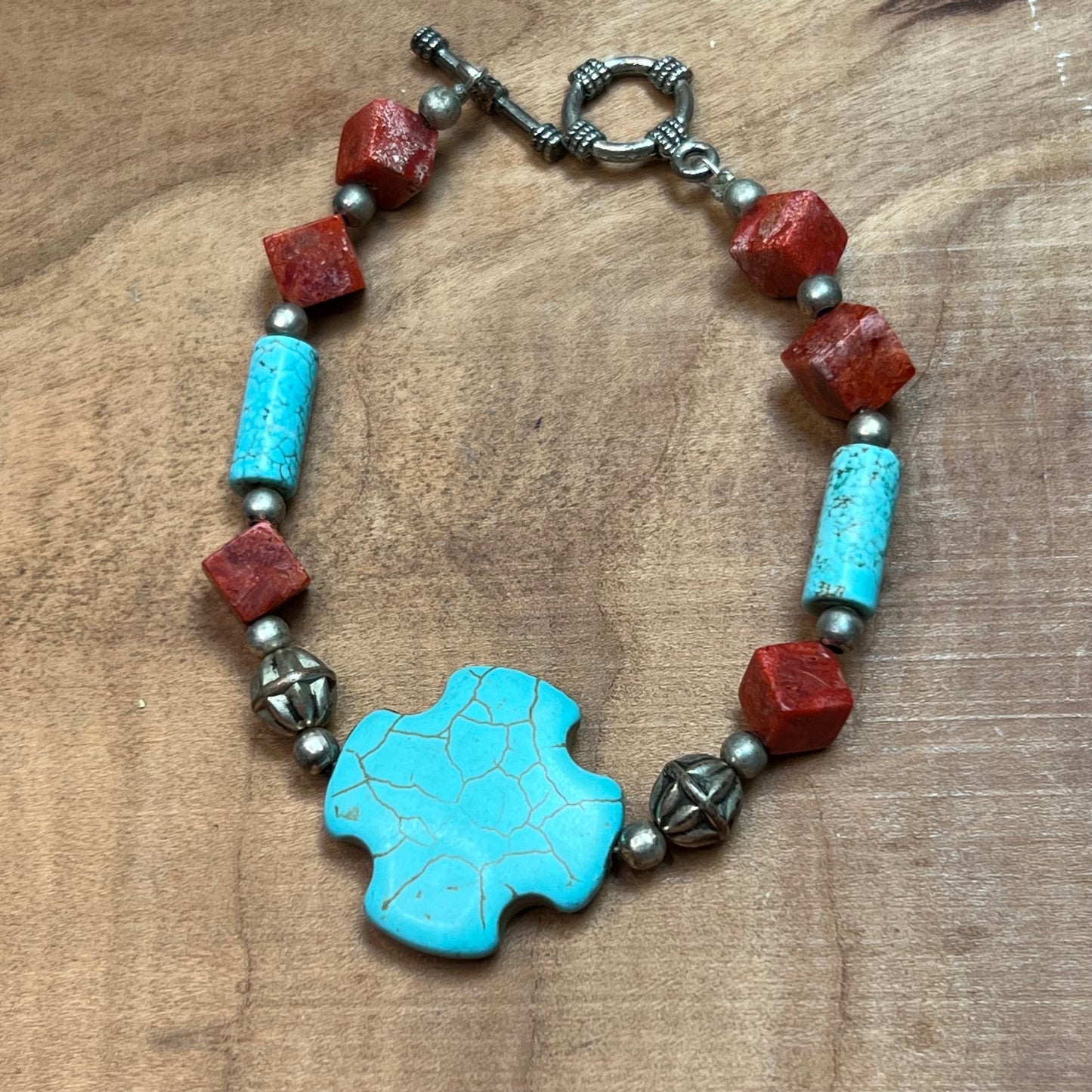 Vintage Turquoise Semi Precious Gemstone Cross & Red Coral Silver Bead Bracelet