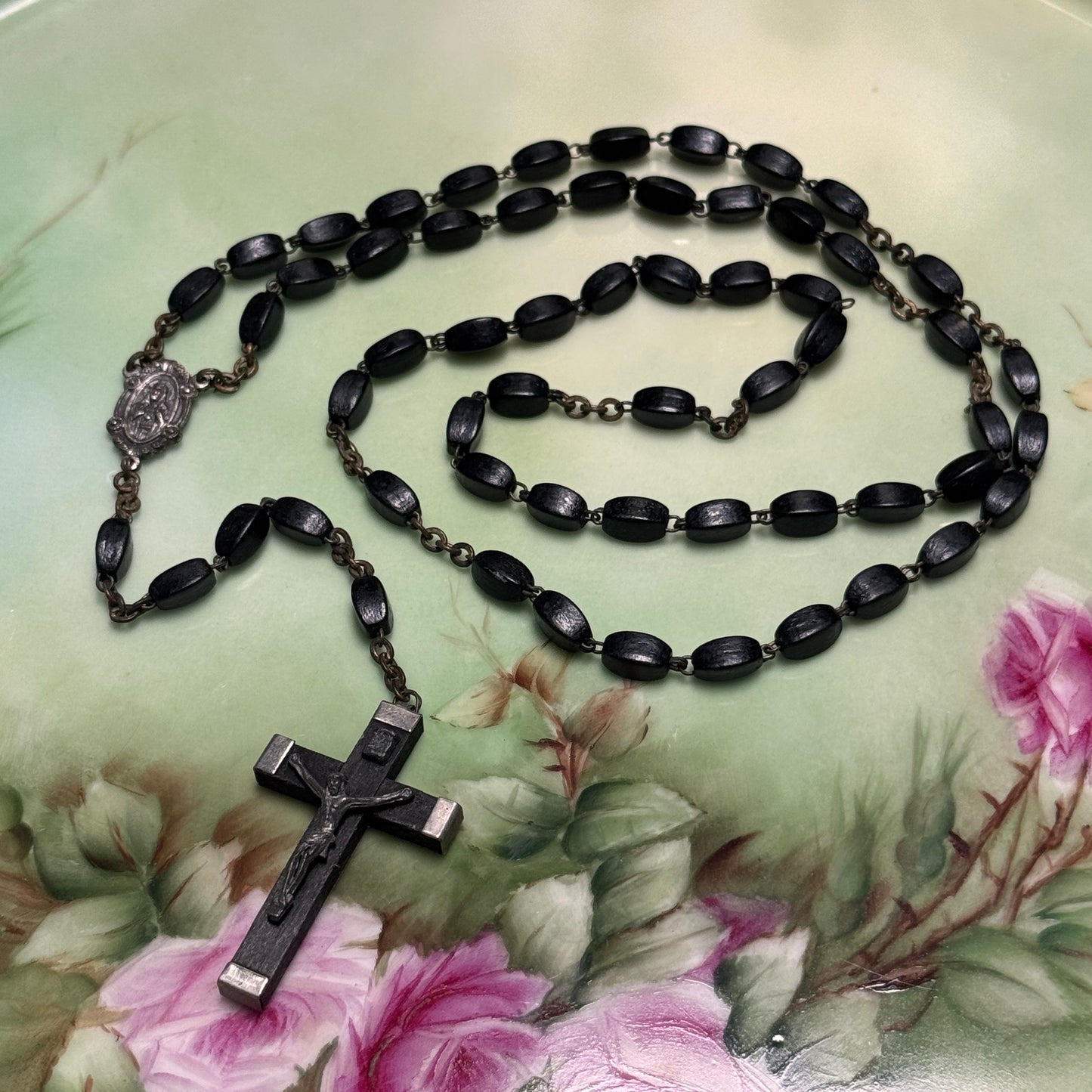 Vintage Italian Black Ebony Wood Bead Jesus and His Sacred Heart Rosary