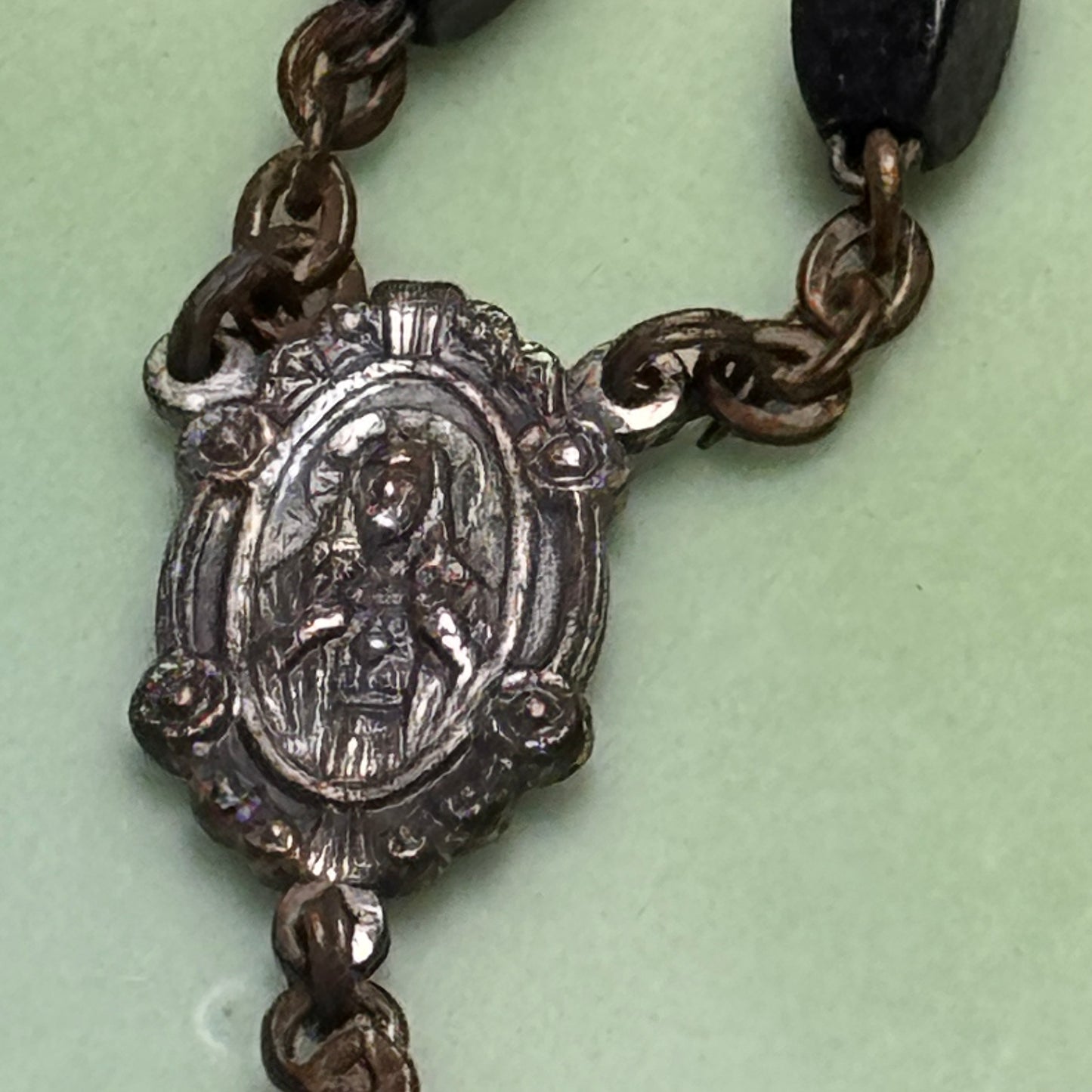 Vintage Italian Black Ebony Wood Bead Jesus and His Sacred Heart Rosary