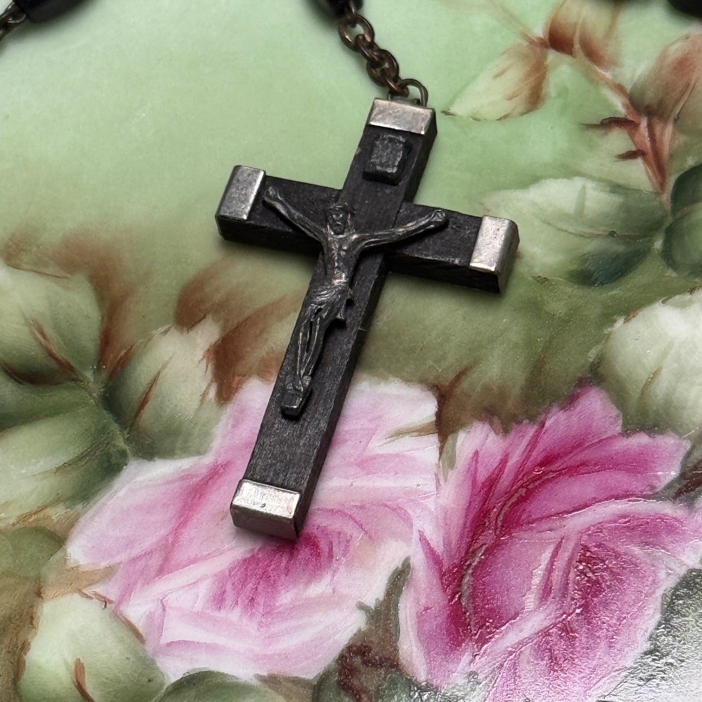 Vintage Italian Black Ebony Wood Bead Jesus and His Sacred Heart Rosary