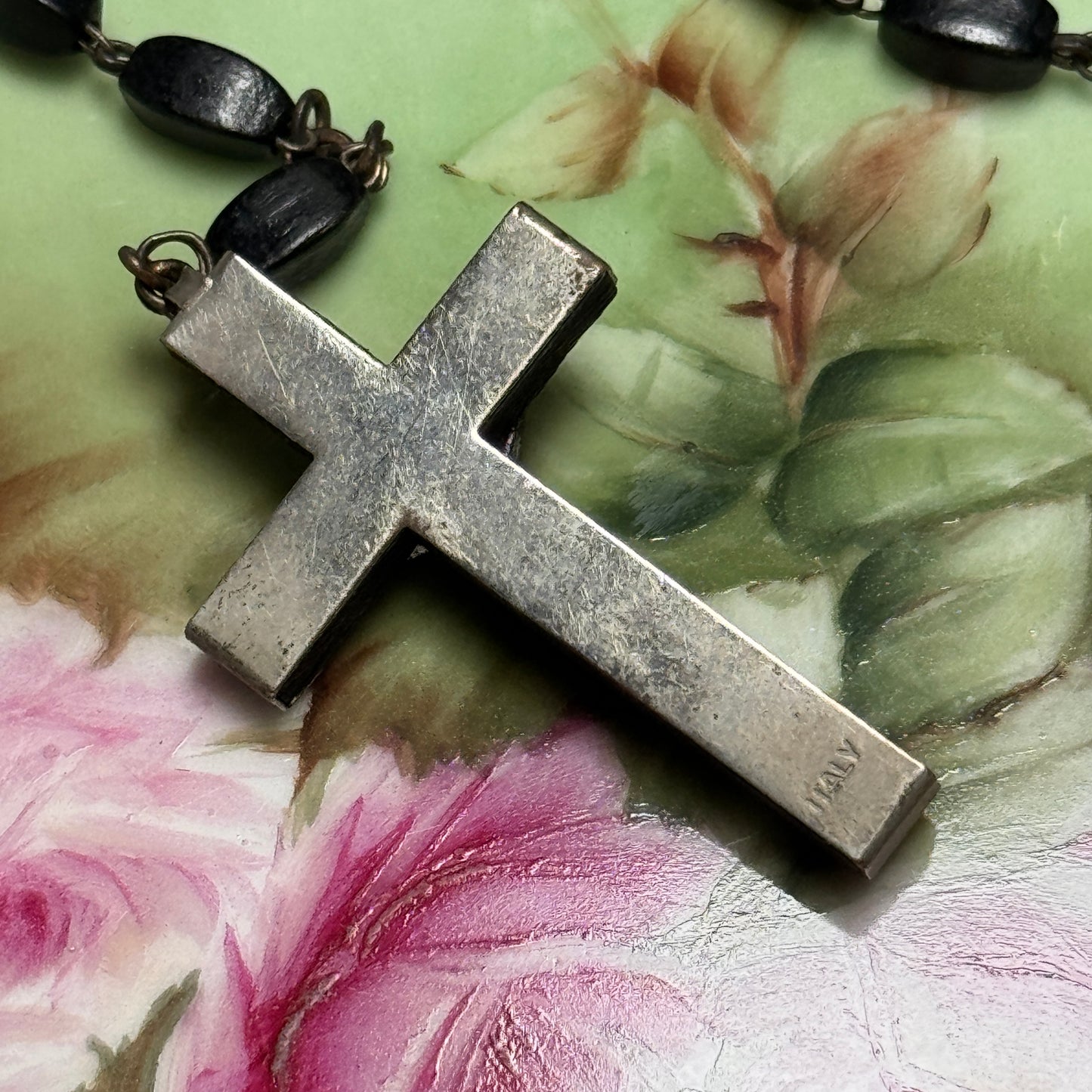 Vintage Italian Black Ebony Wood Bead Jesus and His Sacred Heart Rosary