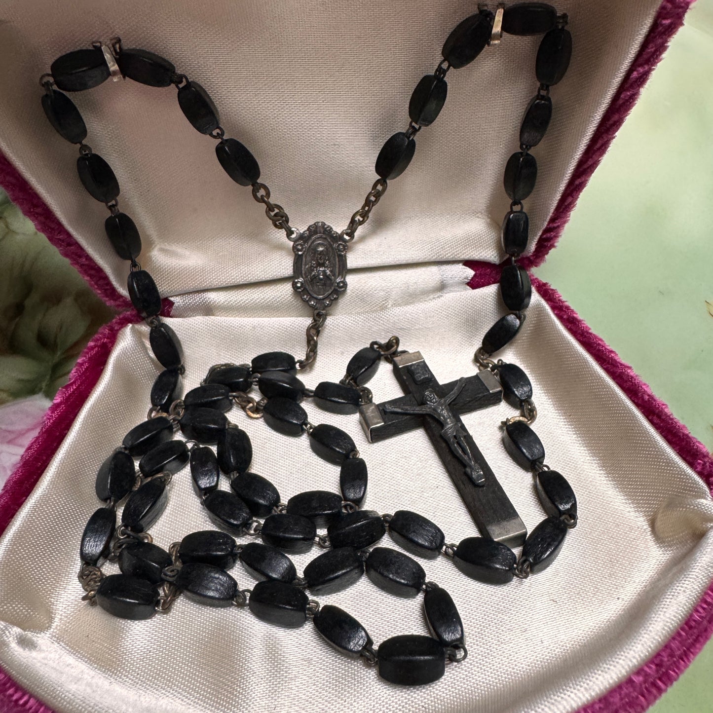 Vintage Italian Black Ebony Wood Bead Jesus and His Sacred Heart Rosary