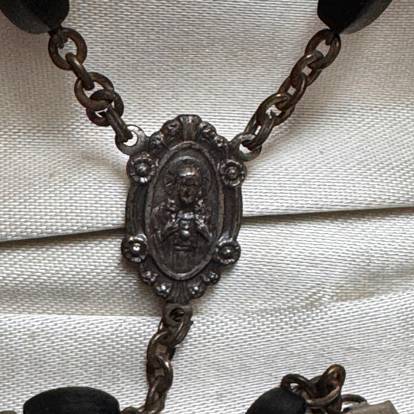Vintage Italian Black Ebony Wood Bead Jesus and His Sacred Heart Rosary