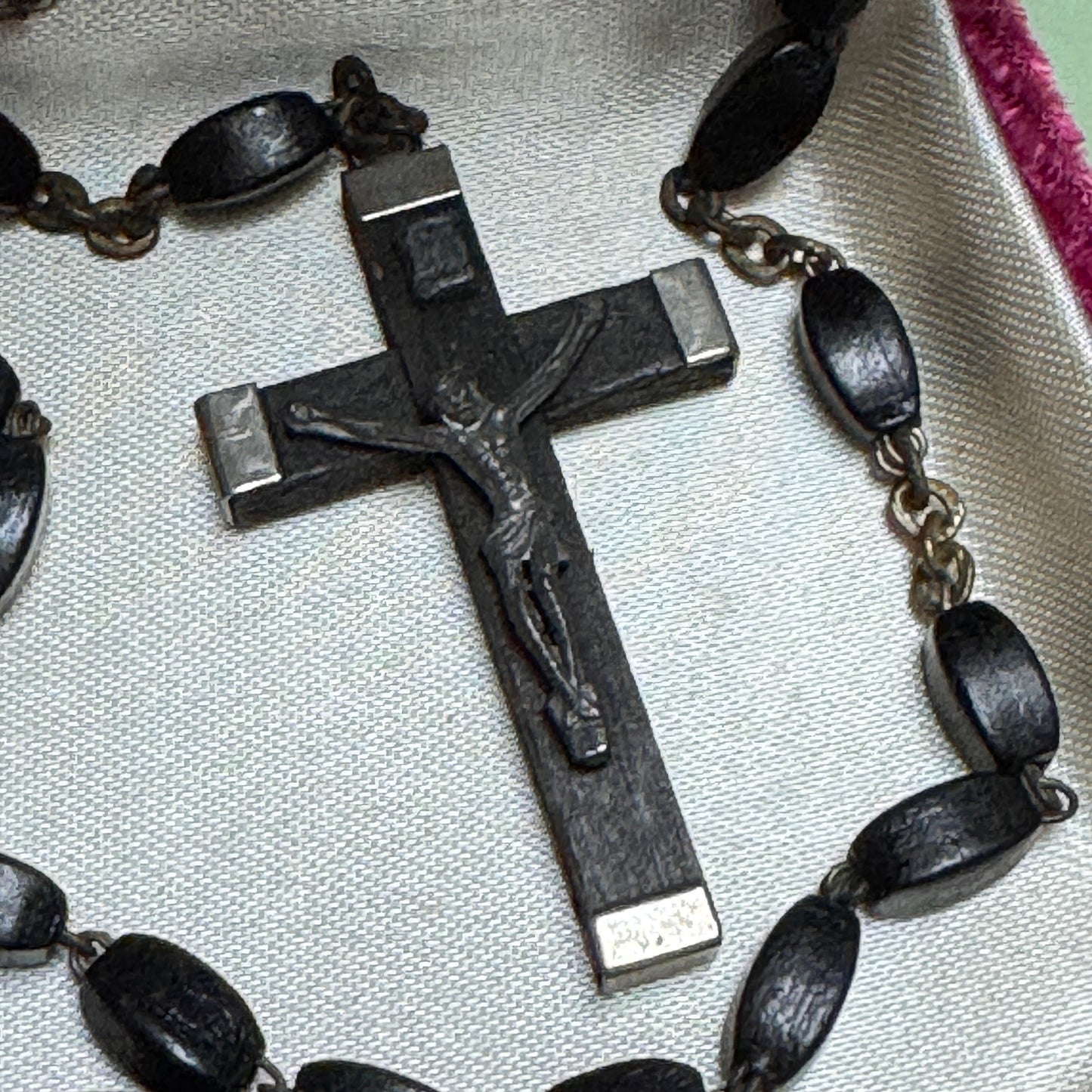 Vintage Italian Black Ebony Wood Bead Jesus and His Sacred Heart Rosary