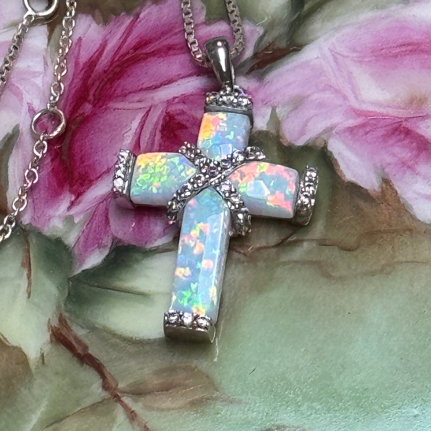 Sterling Silver Lab Created Opal, White Sapphire Wrapped Cross Pendant Necklace