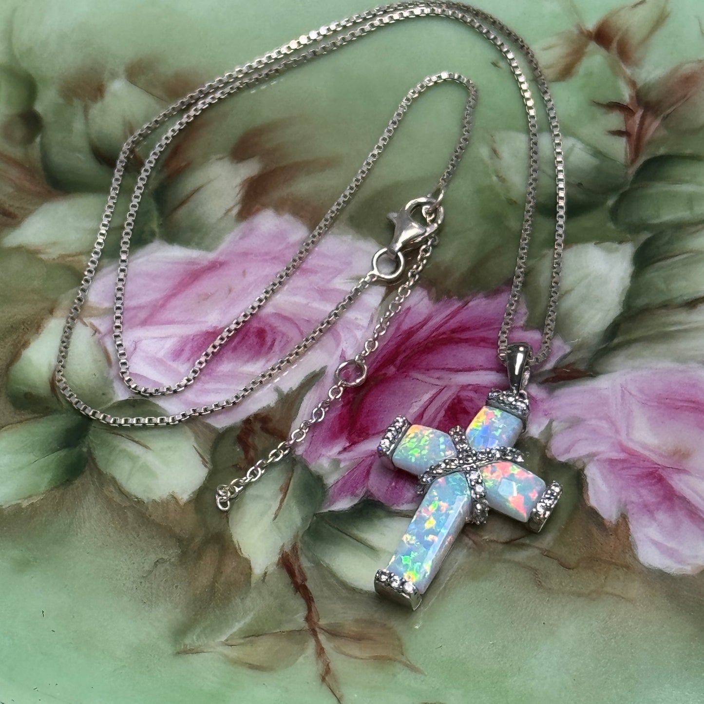 Sterling Silver Lab Created Opal, White Sapphire Wrapped Cross Pendant Necklace
