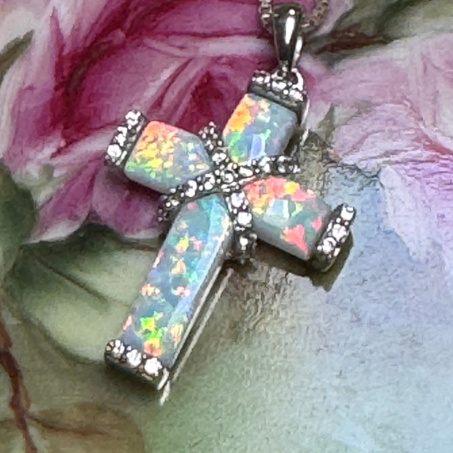 Sterling Silver Lab Created Opal, White Sapphire Wrapped Cross Pendant Necklace