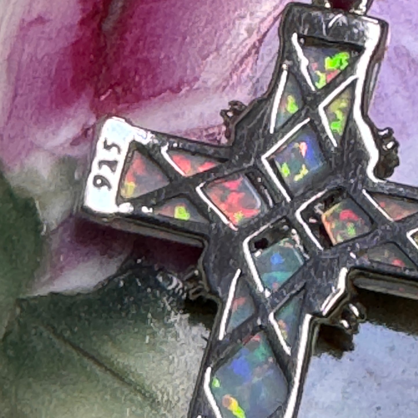 Sterling Silver Lab Created Opal, White Sapphire Wrapped Cross Pendant Necklace