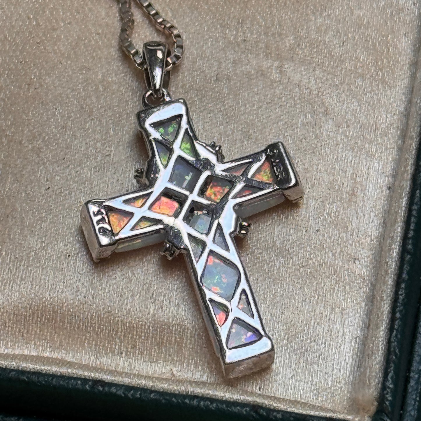 Sterling Silver Lab Created Opal, White Sapphire Wrapped Cross Pendant Necklace