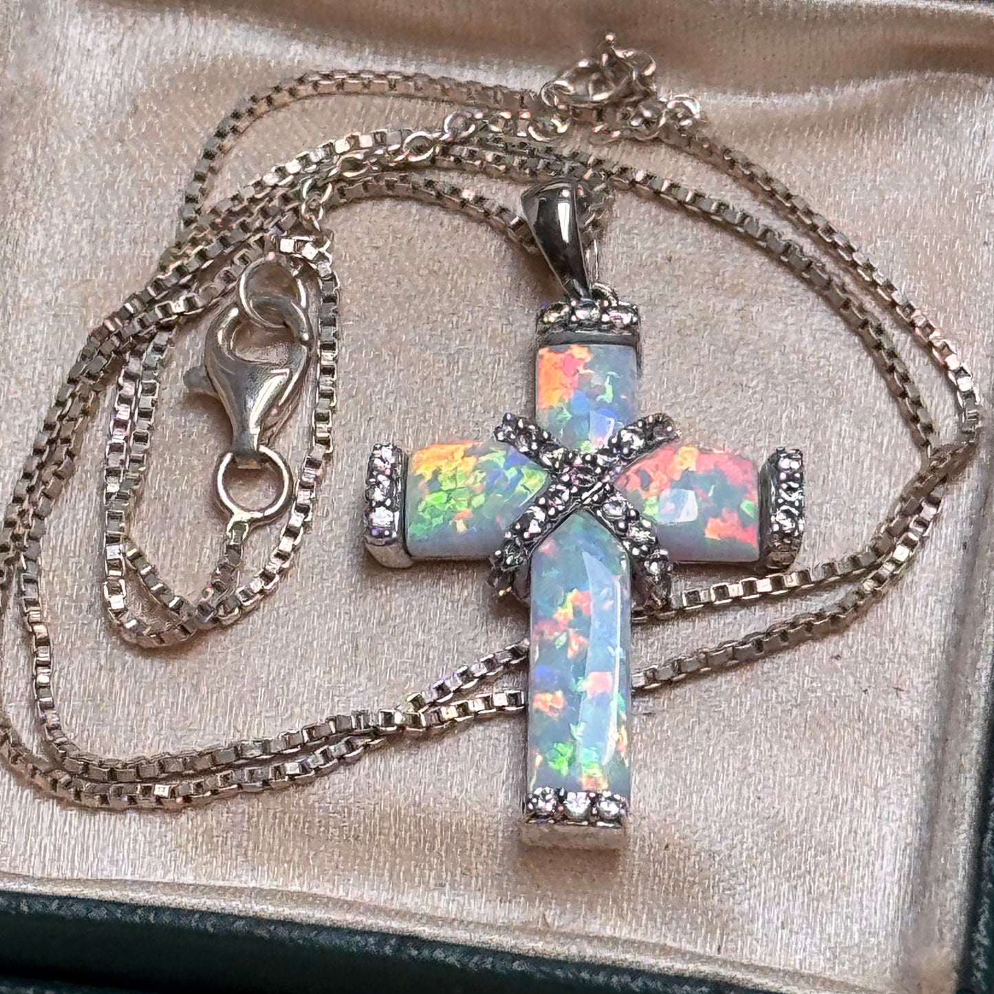 Sterling Silver Lab Created Opal, White Sapphire Wrapped Cross Pendant Necklace