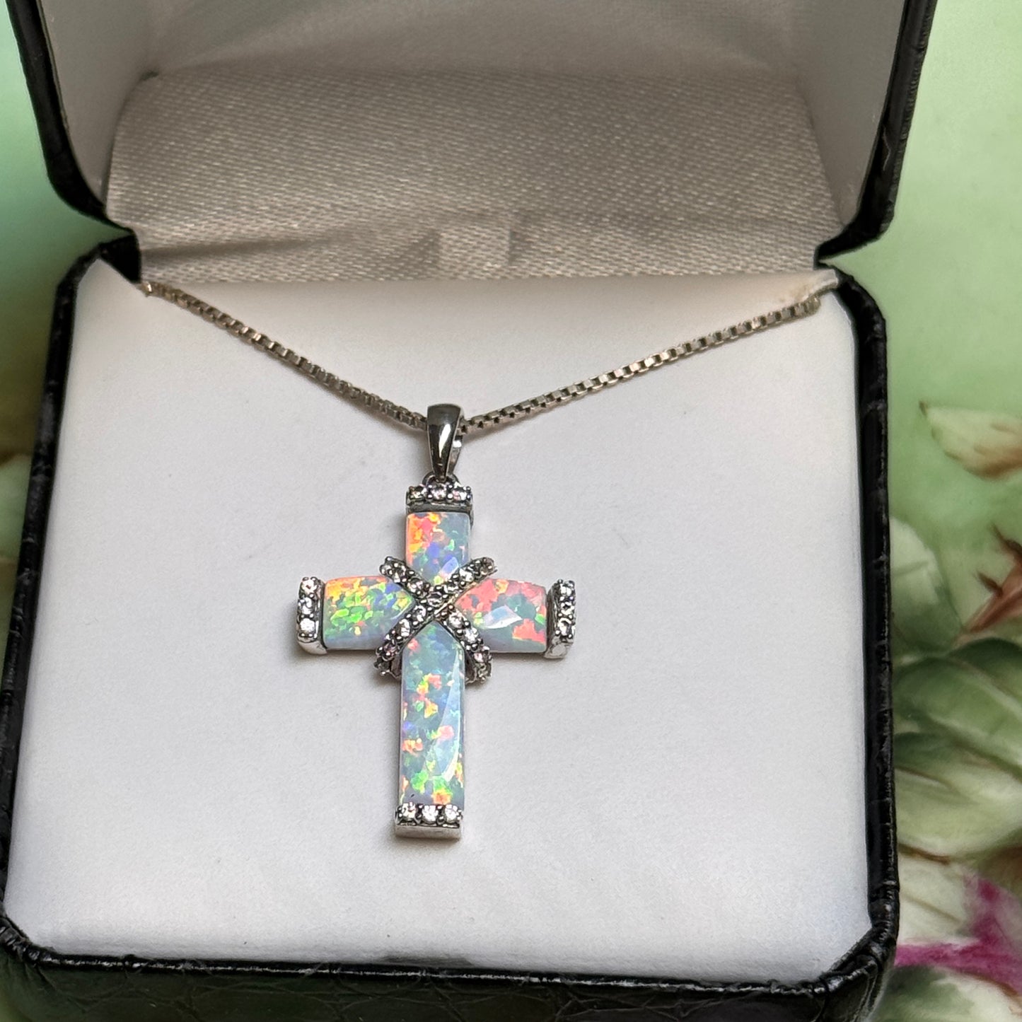 Sterling Silver Lab Created Opal, White Sapphire Wrapped Cross Pendant Necklace