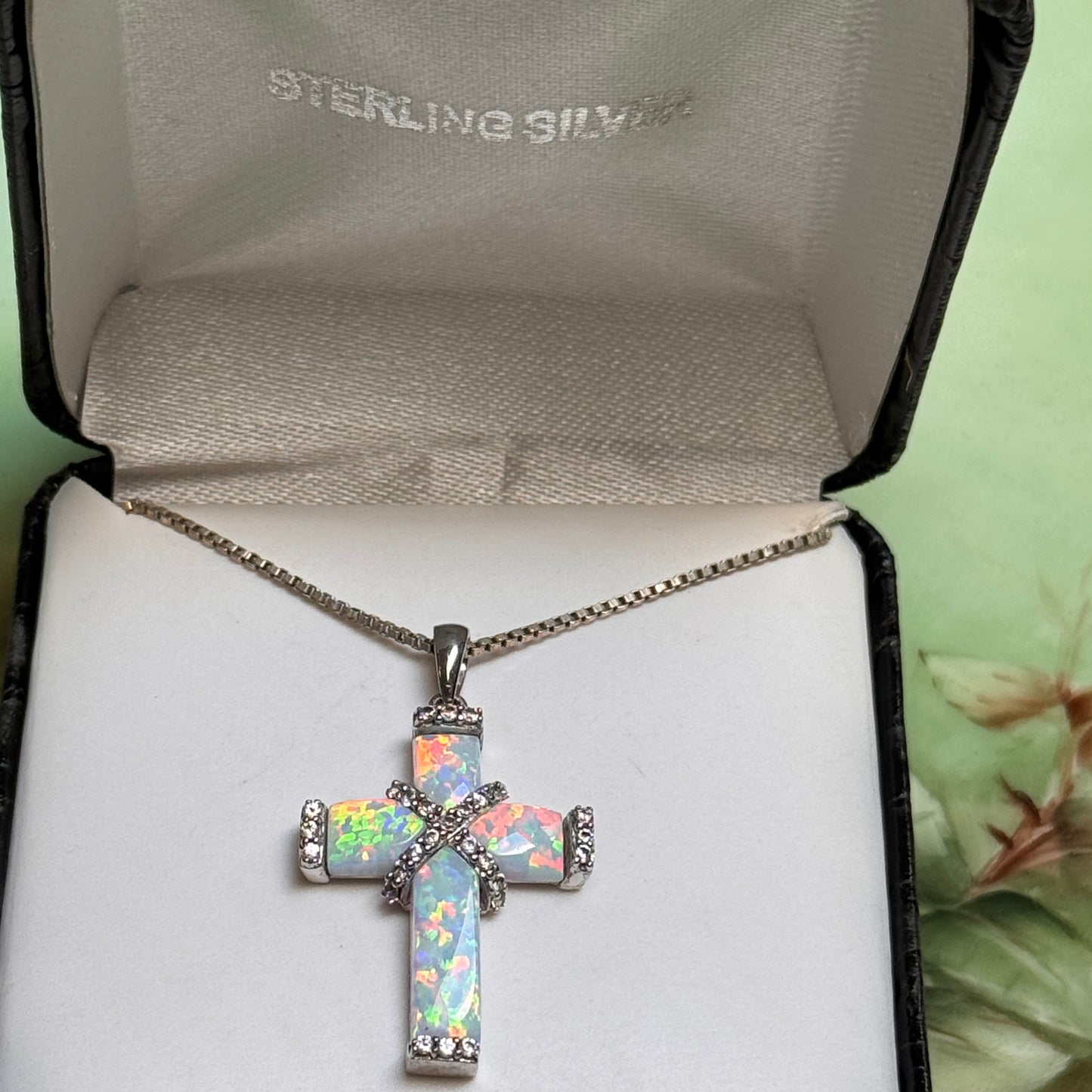 Sterling Silver Lab Created Opal, White Sapphire Wrapped Cross Pendant Necklace