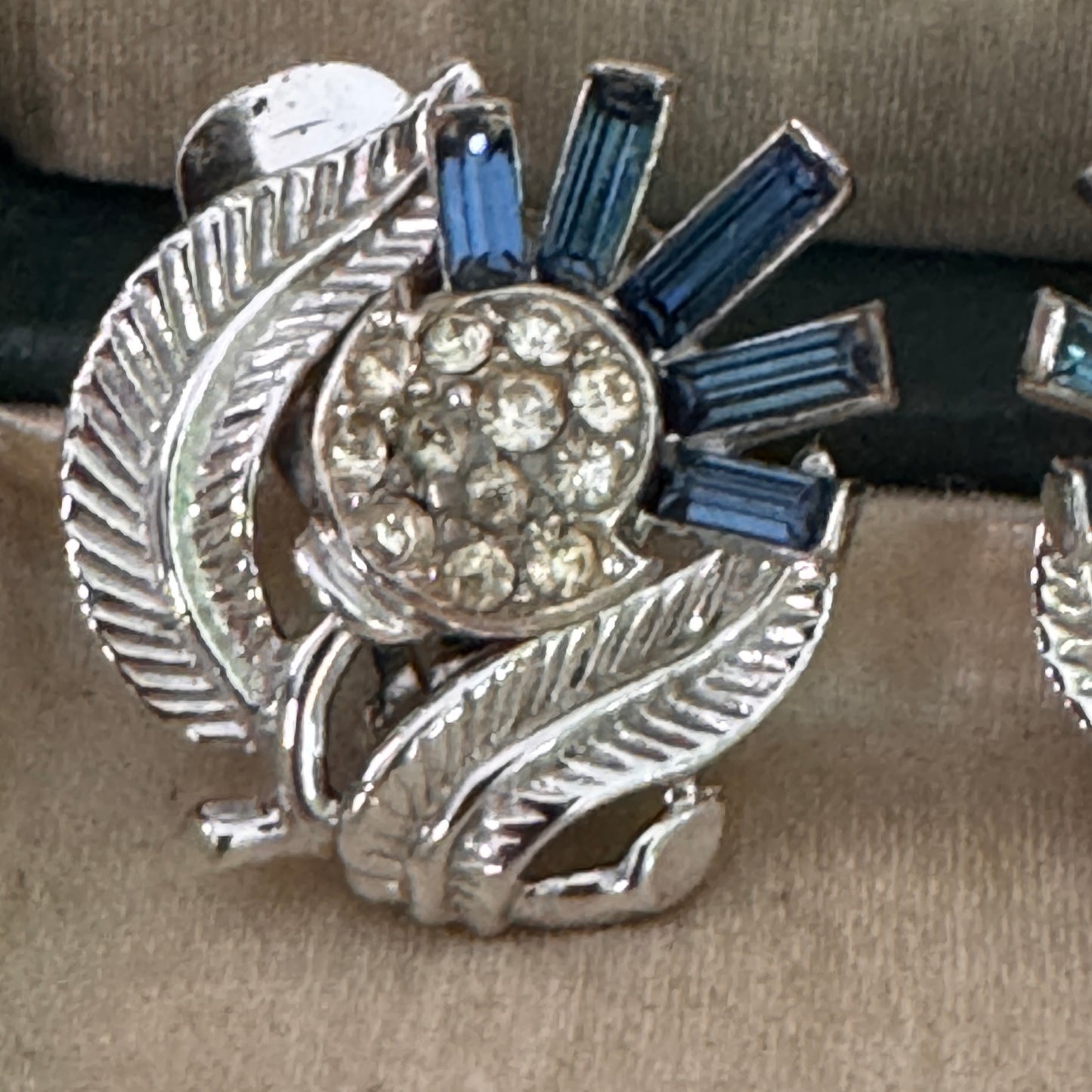 Vintage Blue Crown Trifari Thistle Rhinestone Earrings