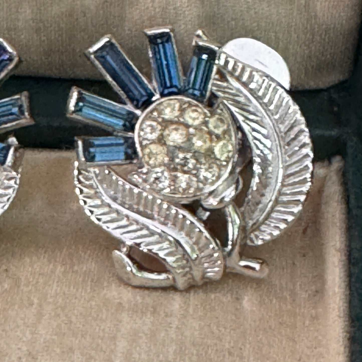 Vintage Blue Crown Trifari Thistle Rhinestone Earrings