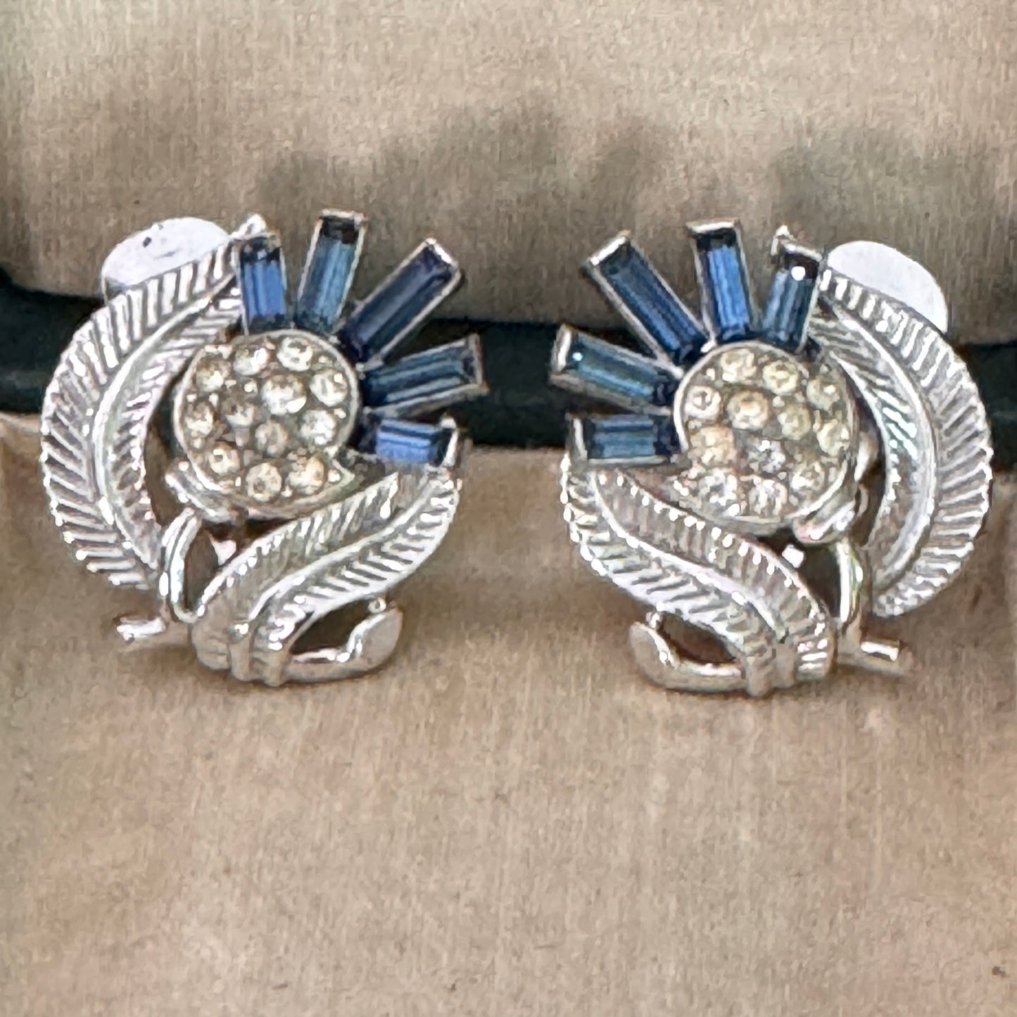 Vintage Blue Crown Trifari Thistle Rhinestone Earrings