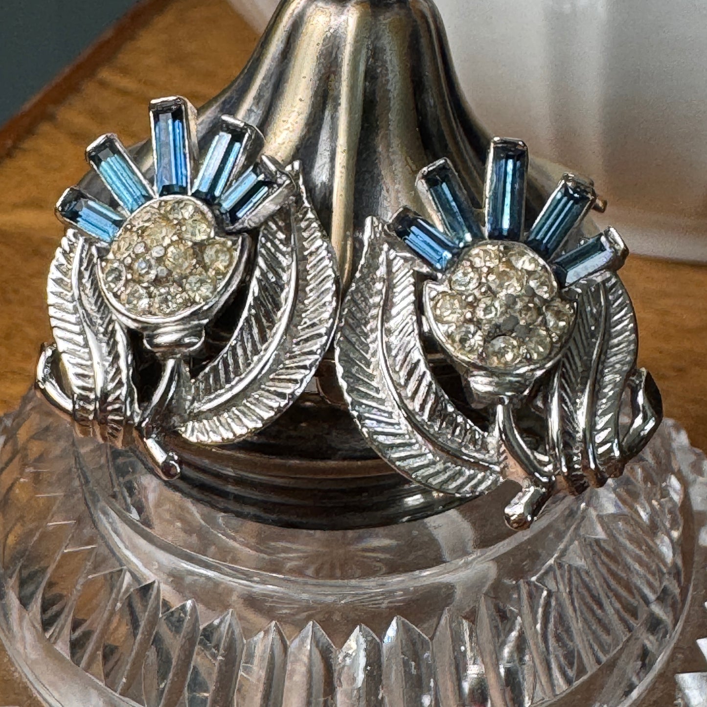 Vintage Blue Crown Trifari Thistle Rhinestone Earrings