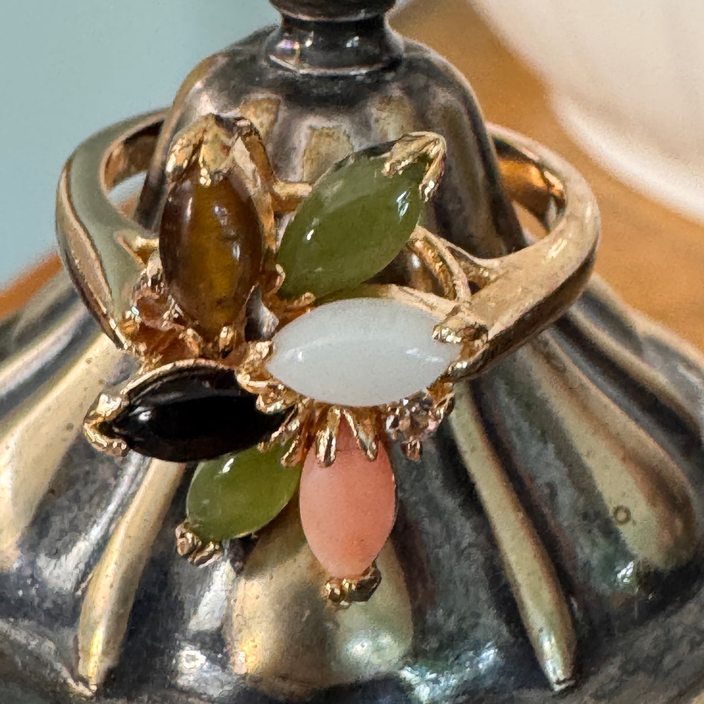 Vintage 14K Gold Semi Precious Gemstone Cluster Ring Size 7-1/2