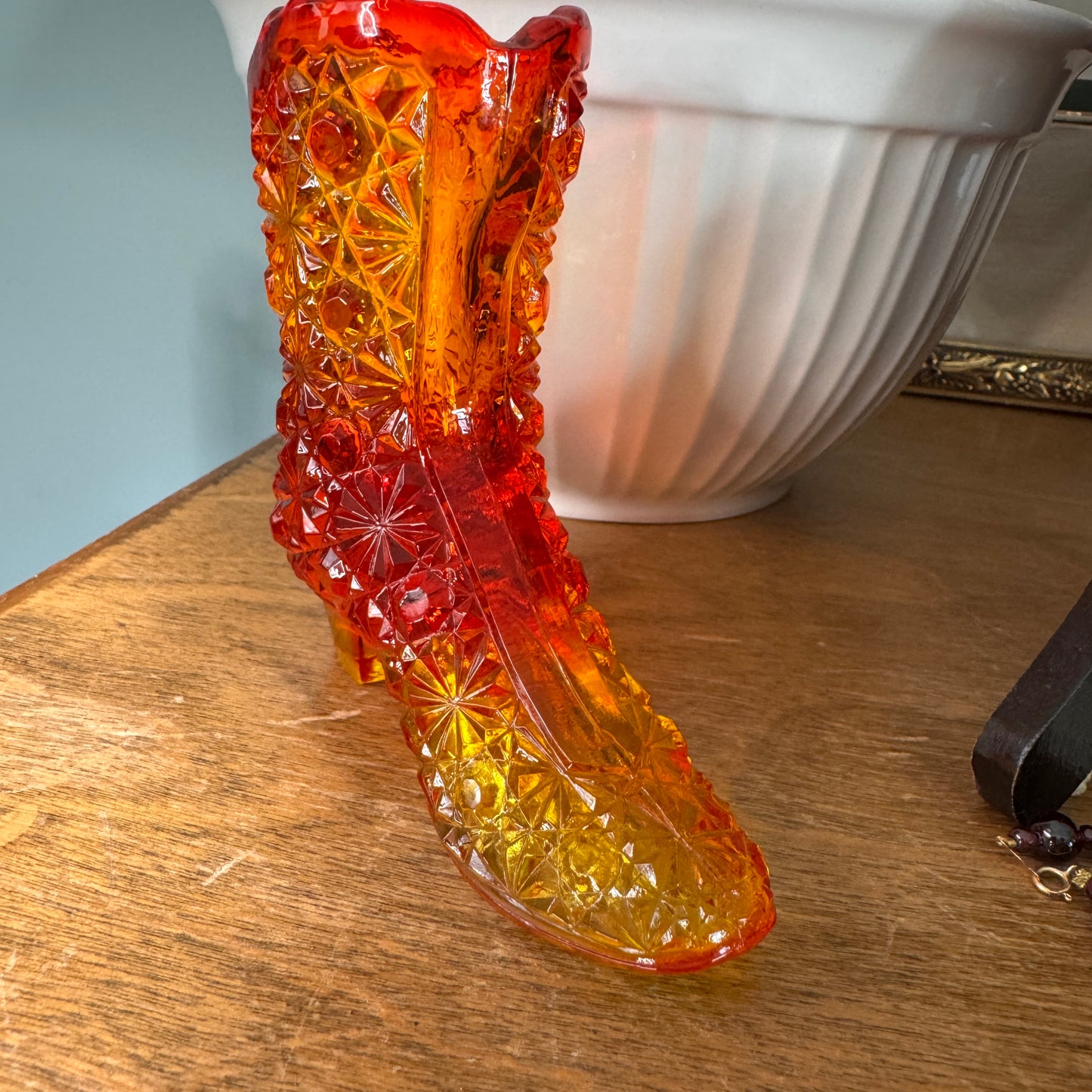 Vintage Fenton Daisy & Button Amberina Glass Victorian Heeled Shoe