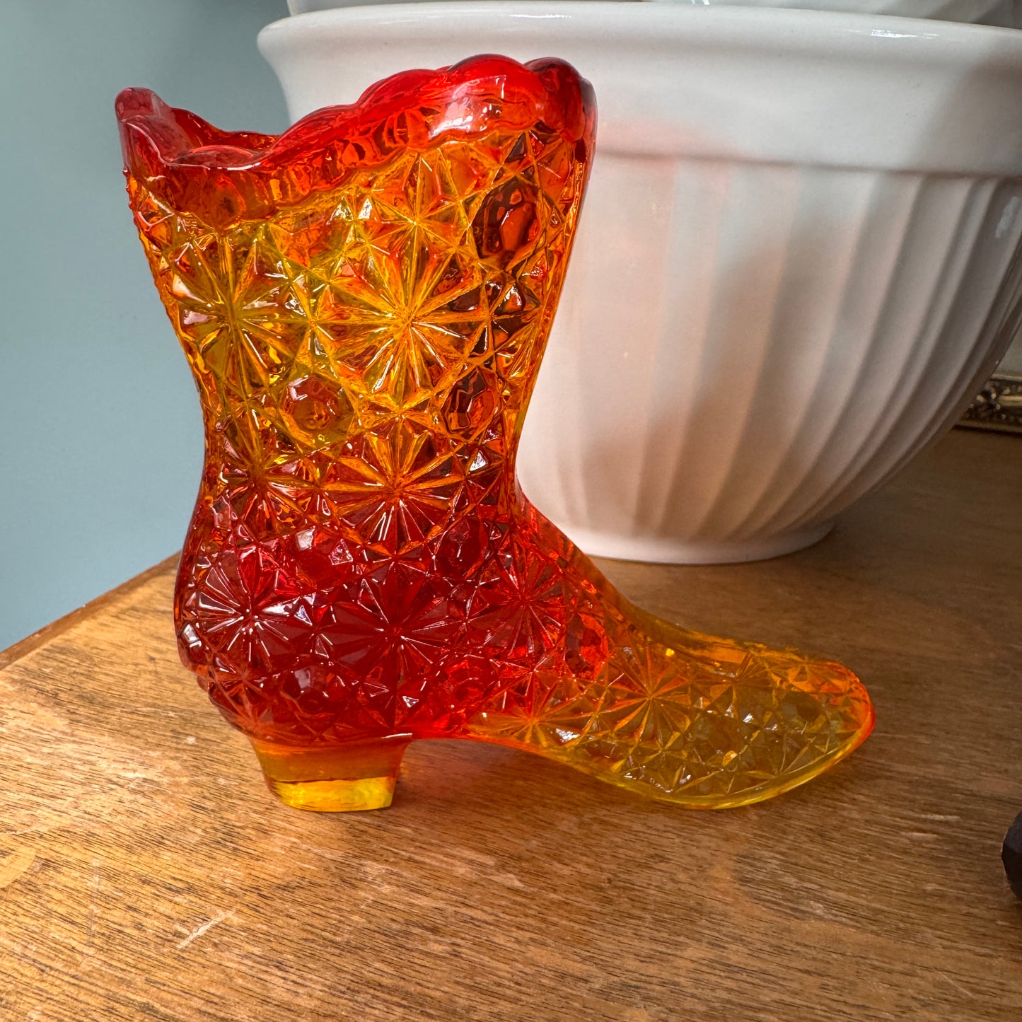 Vintage Fenton Daisy & Button Amberina Glass Victorian Heeled Shoe
