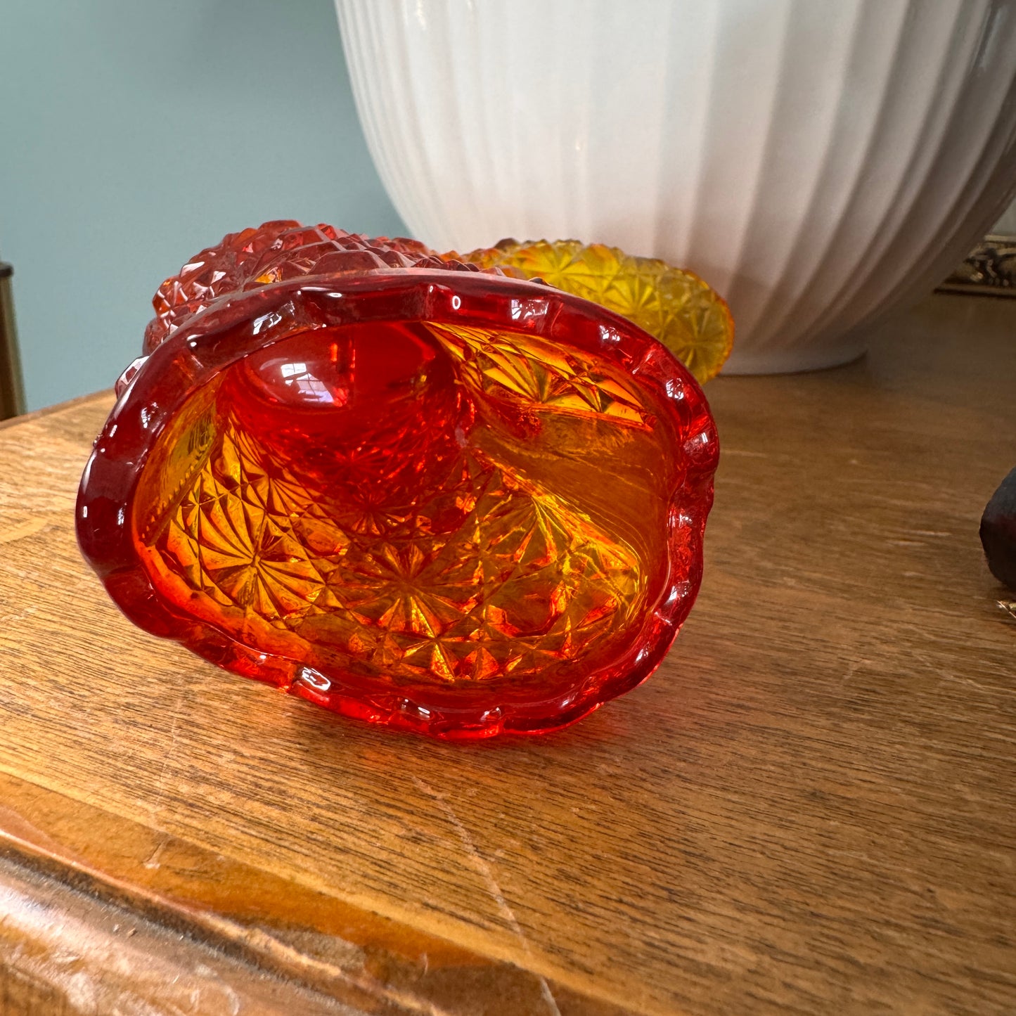 Vintage Fenton Daisy & Button Amberina Glass Victorian Heeled Shoe