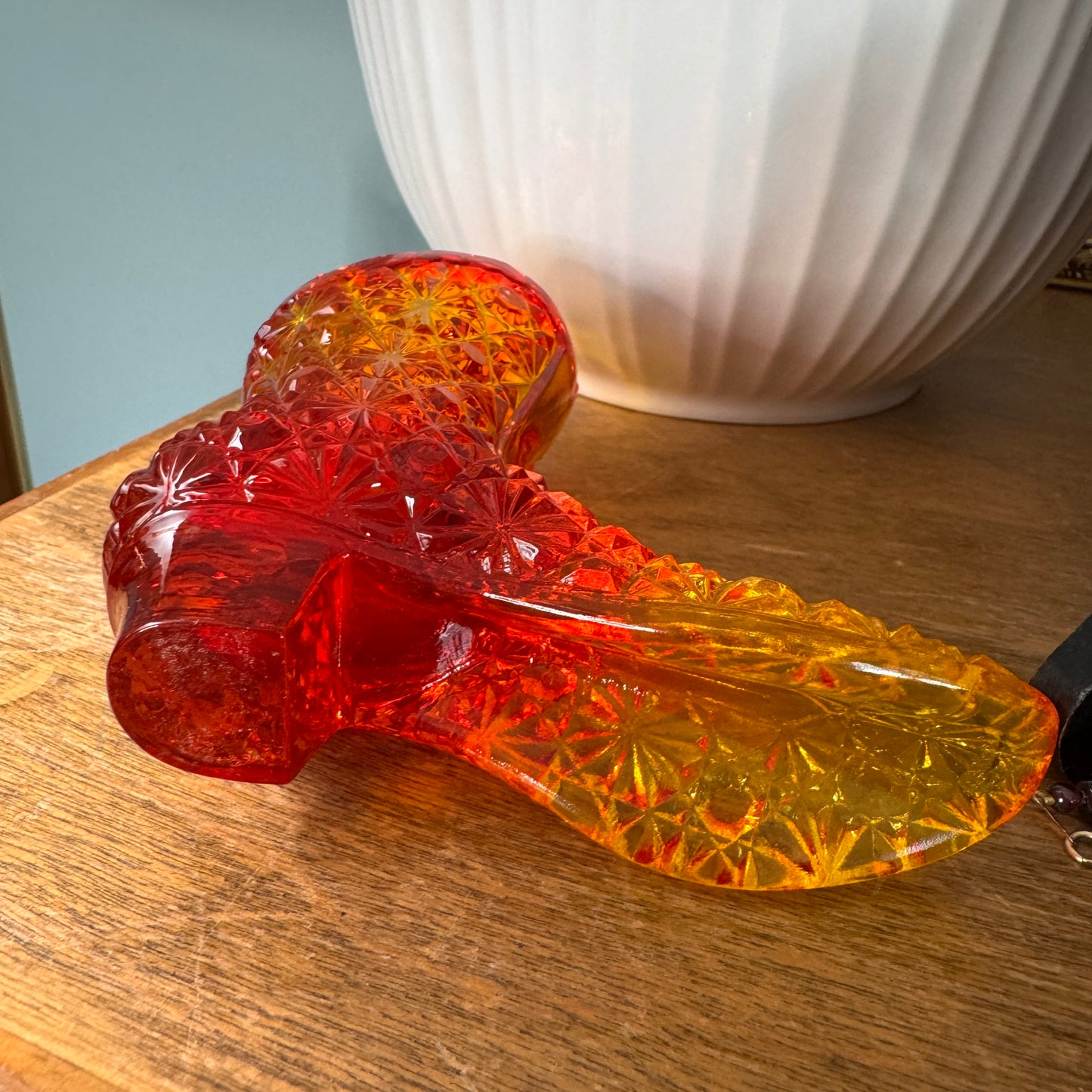Vintage Fenton Daisy & Button Amberina Glass Victorian Heeled Shoe