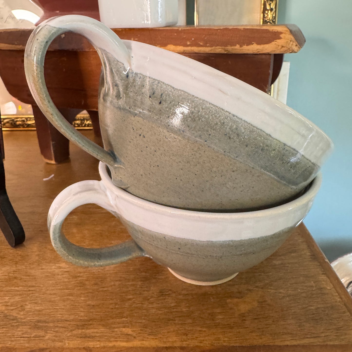 Two Large Drip Glaze Stoneware Mugs