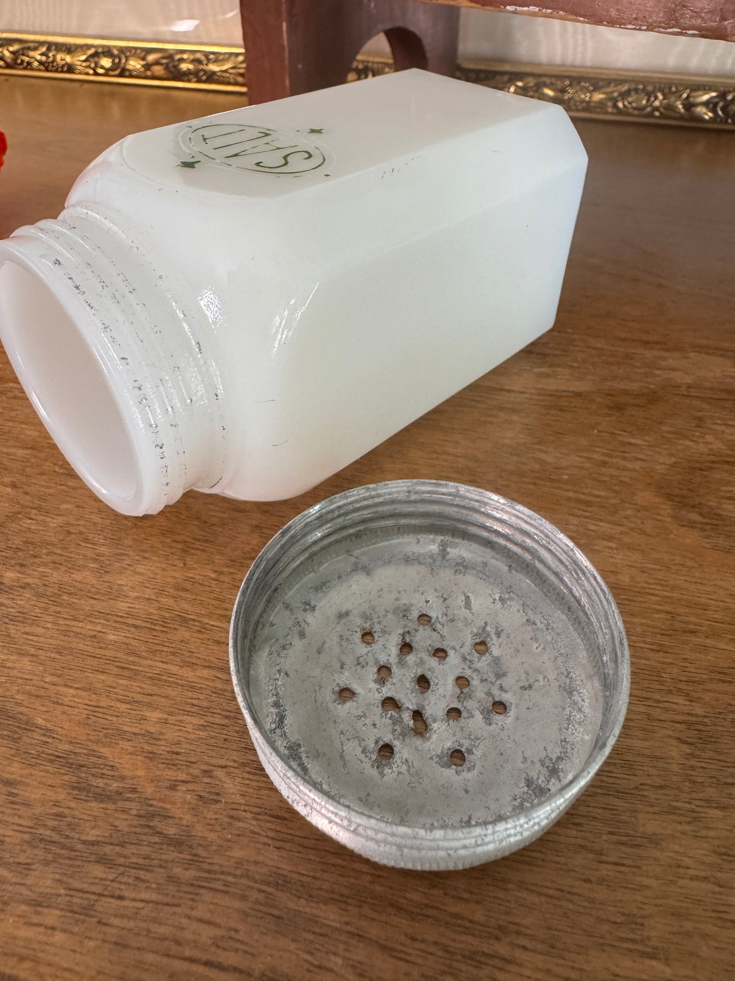 Hazel Atlas Chef Boyardee White Milk Glass Salt Shaker Green Shield
