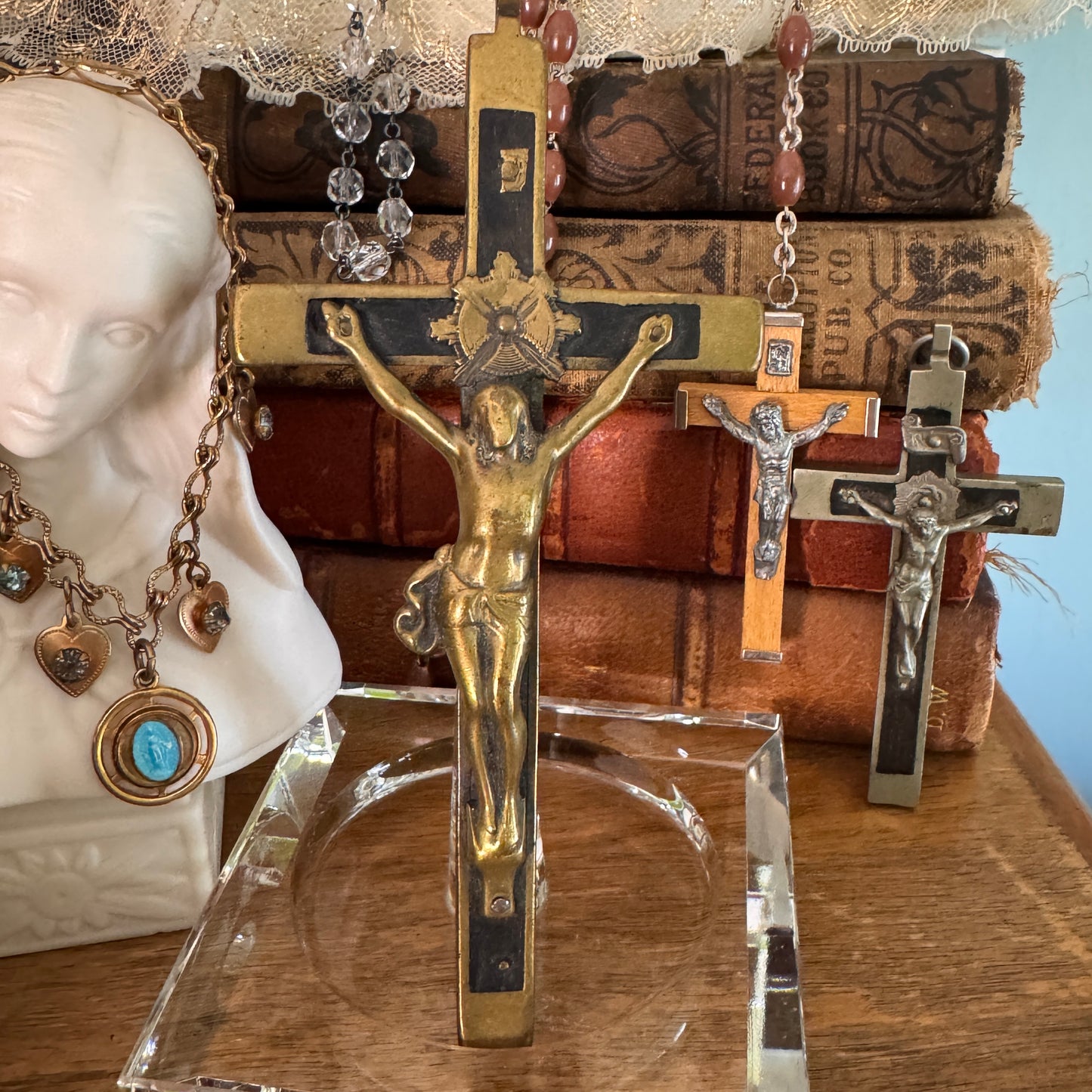 Antique Ebony Wood Brass Nun's Personal Habit Crucifix