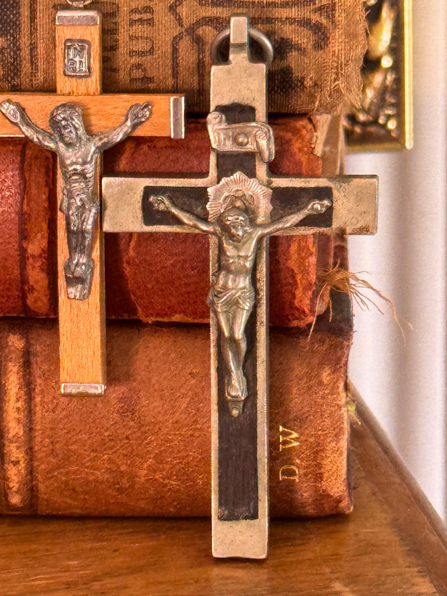 Antique Ebony Wood Silver Plated Nun's Personal Habit Crucifix
