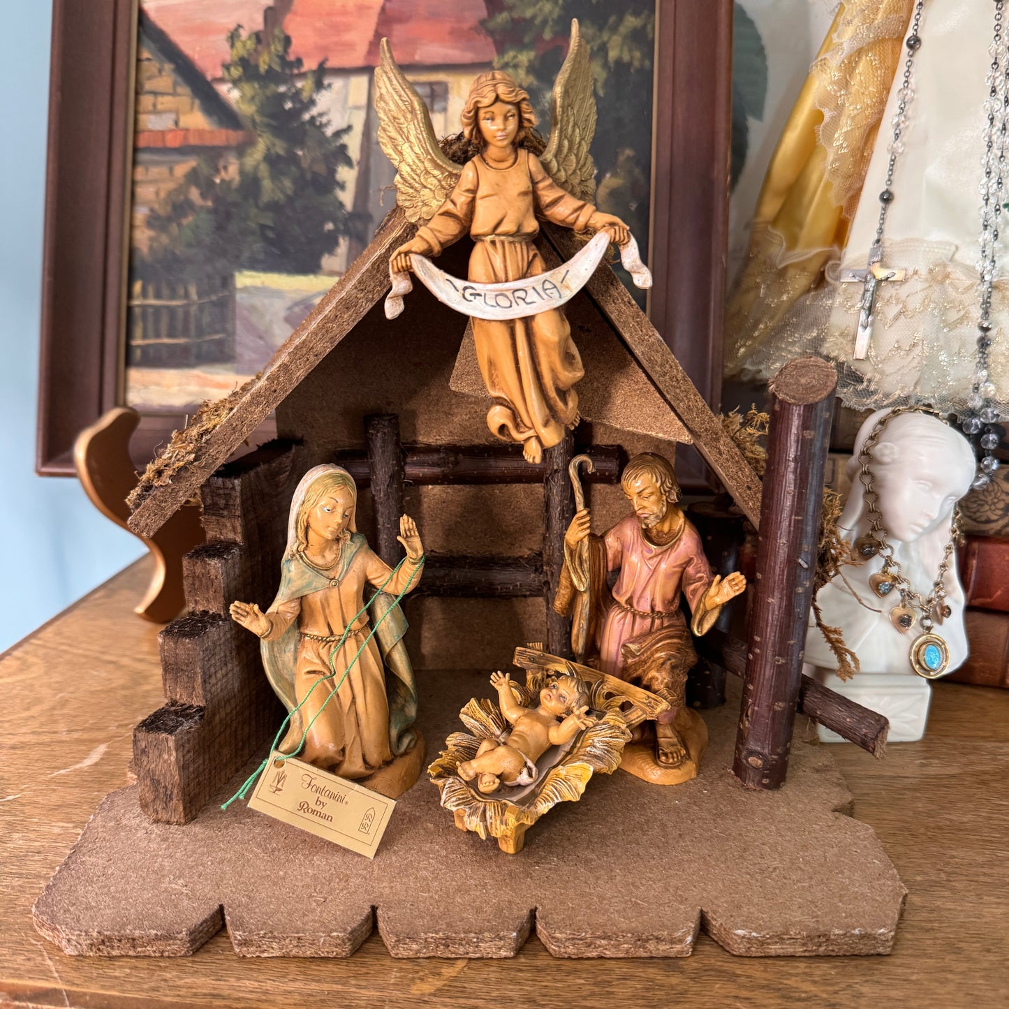 Vintage Italian Fontanini Creche Set Stable, Baby Jesus, Mary, Joseph, Angel