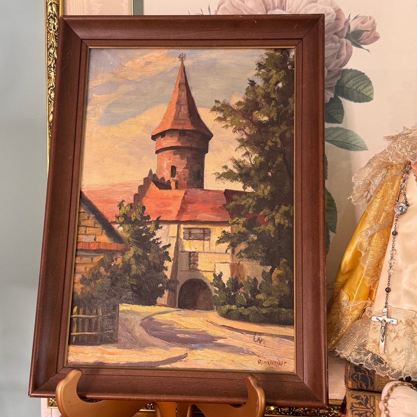 Antique Framed Canvas Oil Painting of A Medieval Castle