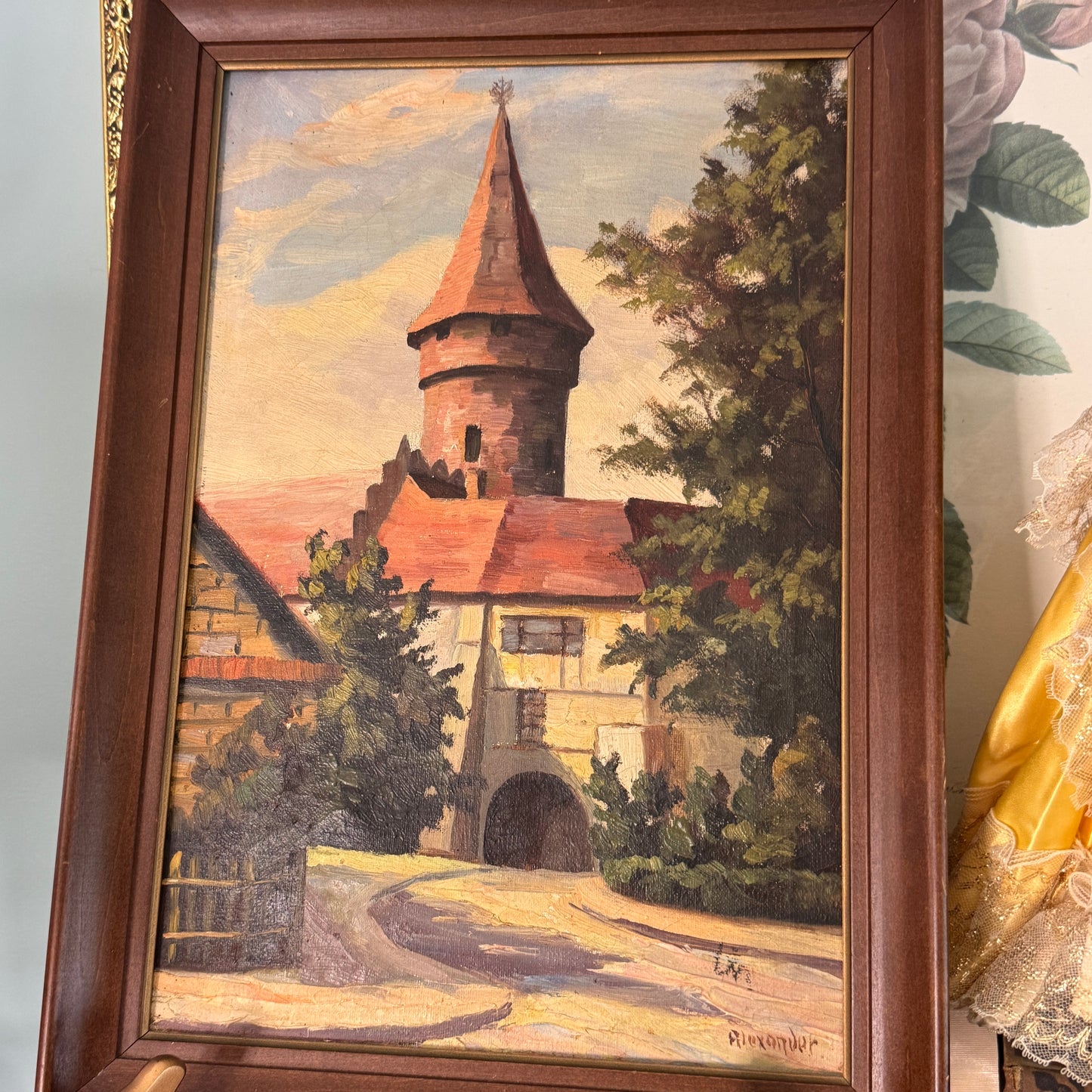 Antique Framed Canvas Oil Painting of A Medieval Castle