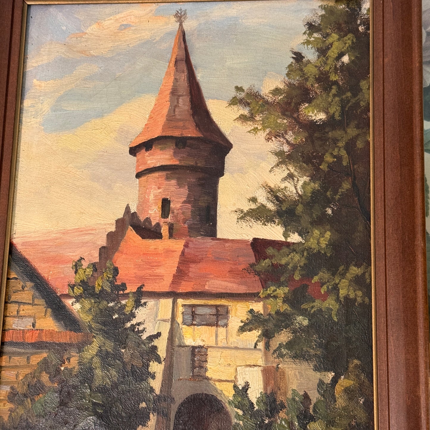 Antique Framed Canvas Oil Painting of A Medieval Castle