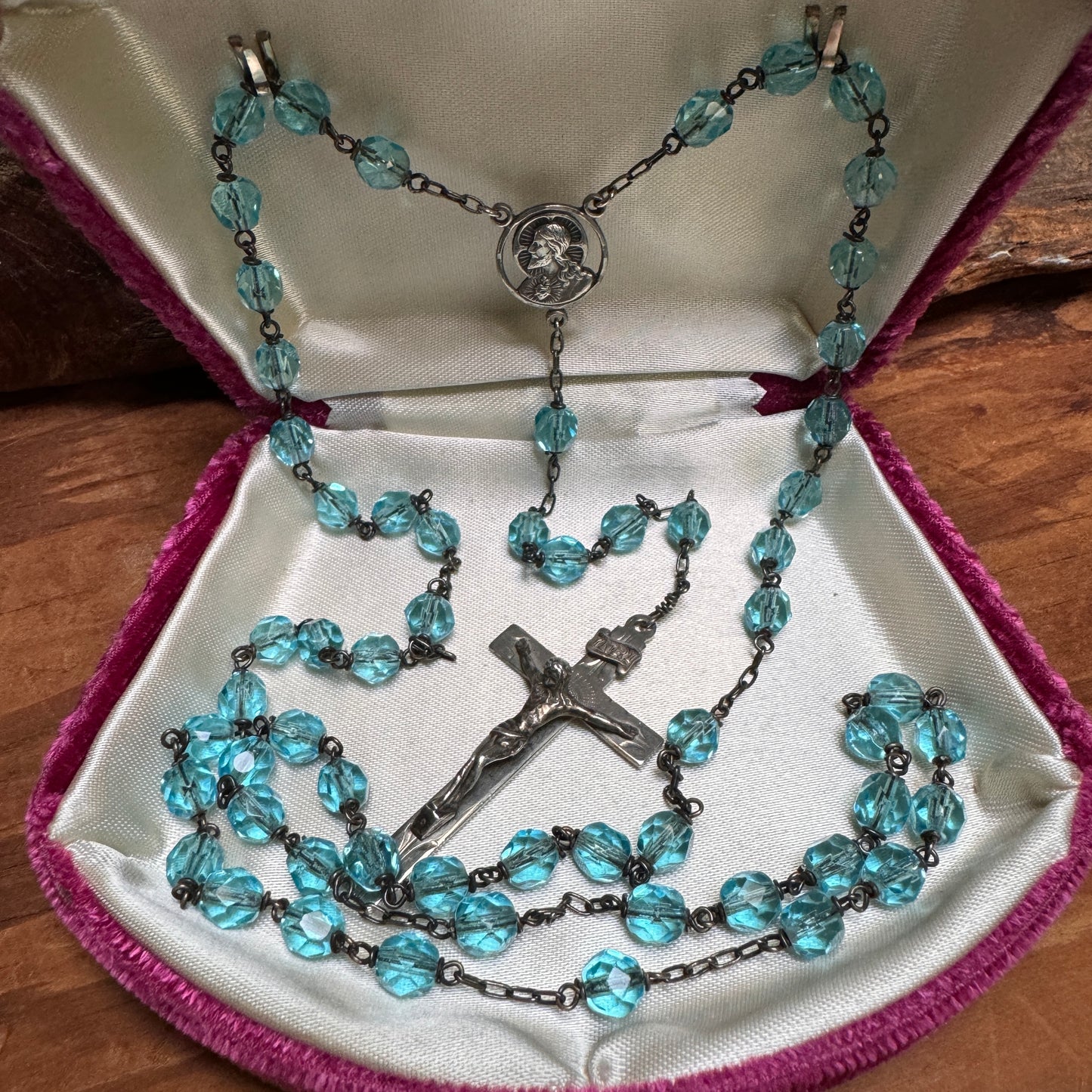 Vintage AFCO Sterling Silver & Soft Blue Glass Bead Rosary