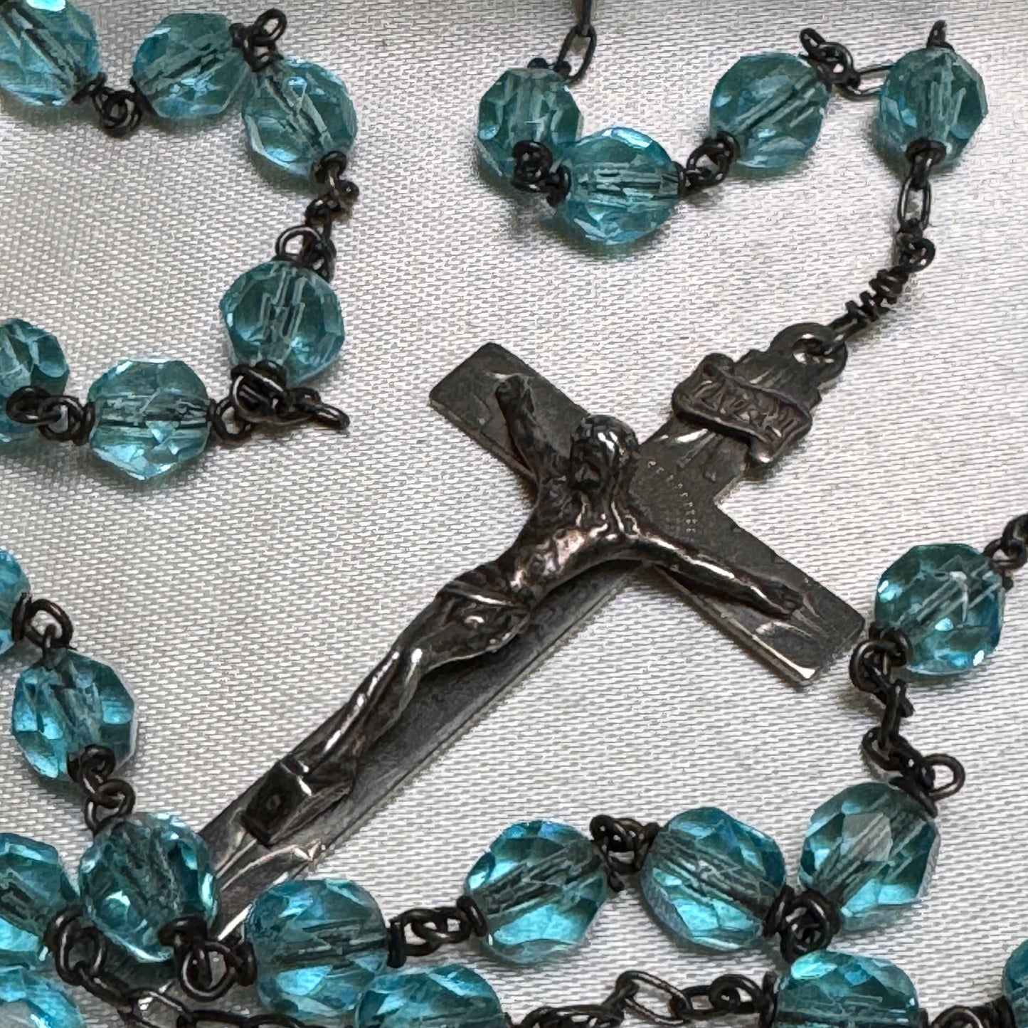 Vintage AFCO Sterling Silver & Soft Blue Glass Bead Rosary