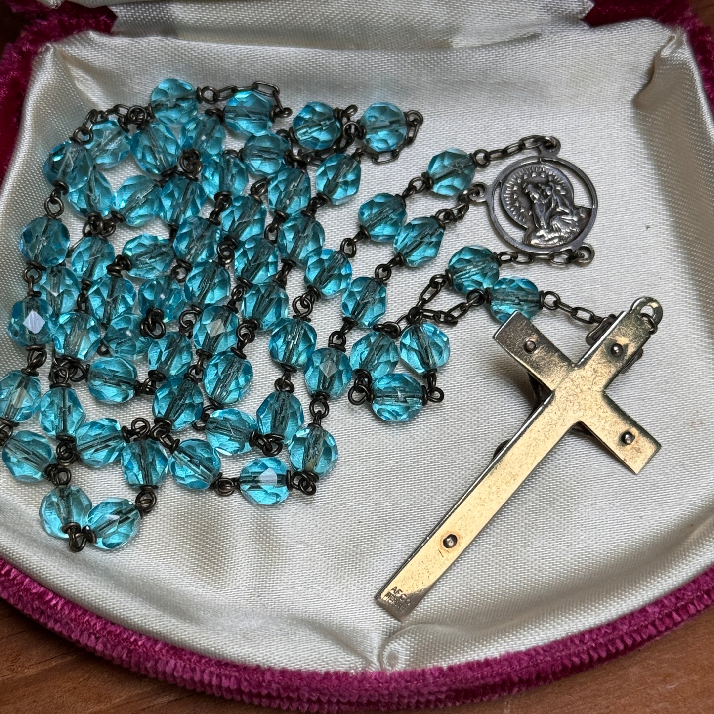 Vintage AFCO Sterling Silver & Soft Blue Glass Bead Rosary