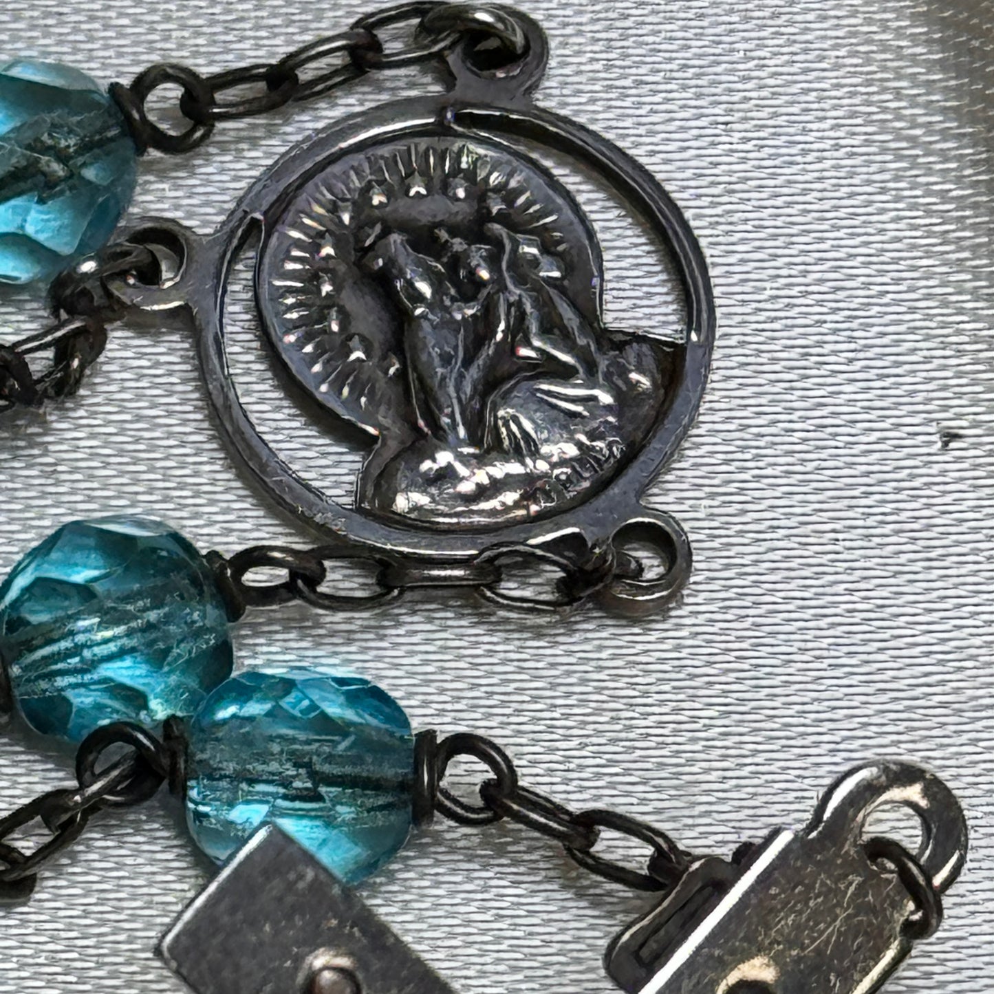 Vintage AFCO Sterling Silver & Soft Blue Glass Bead Rosary