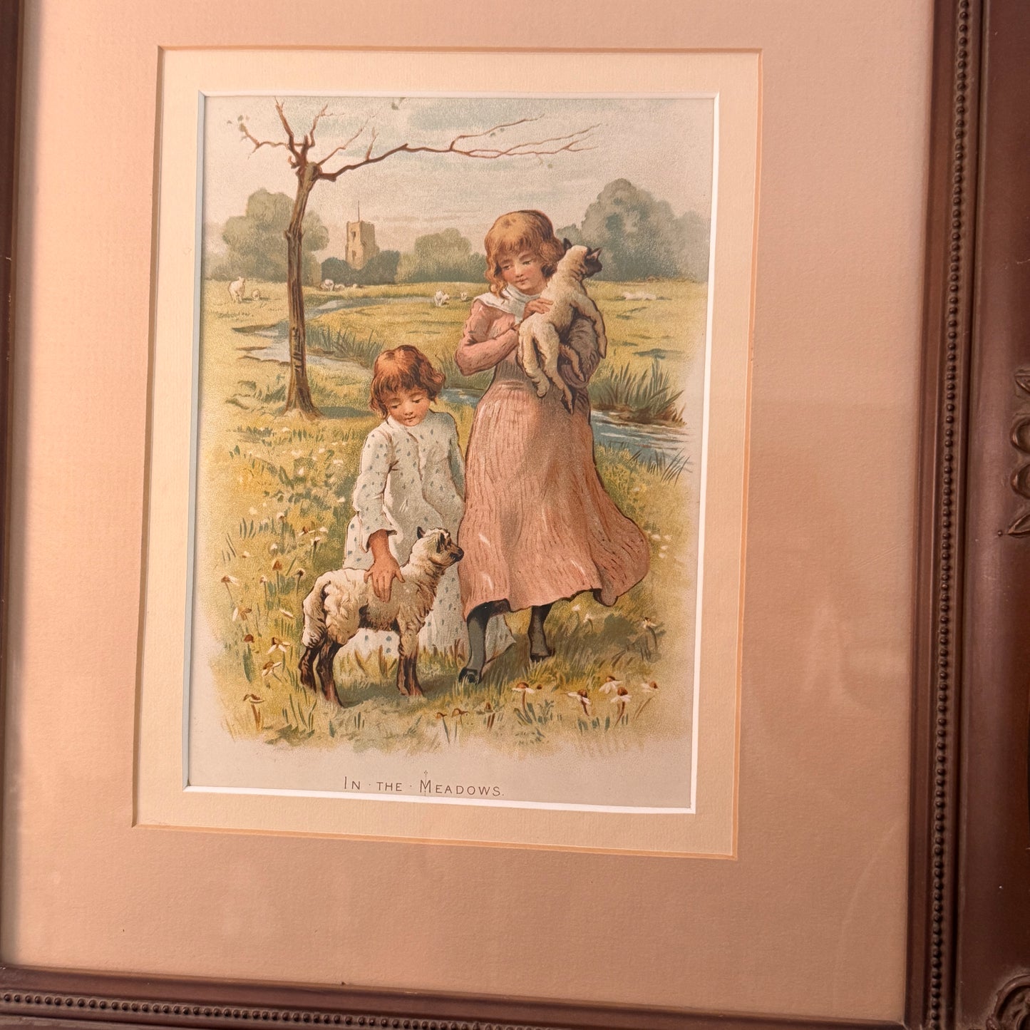 Antique 1889 Chromolithograph "In The Meadows" Framed Under Glass
